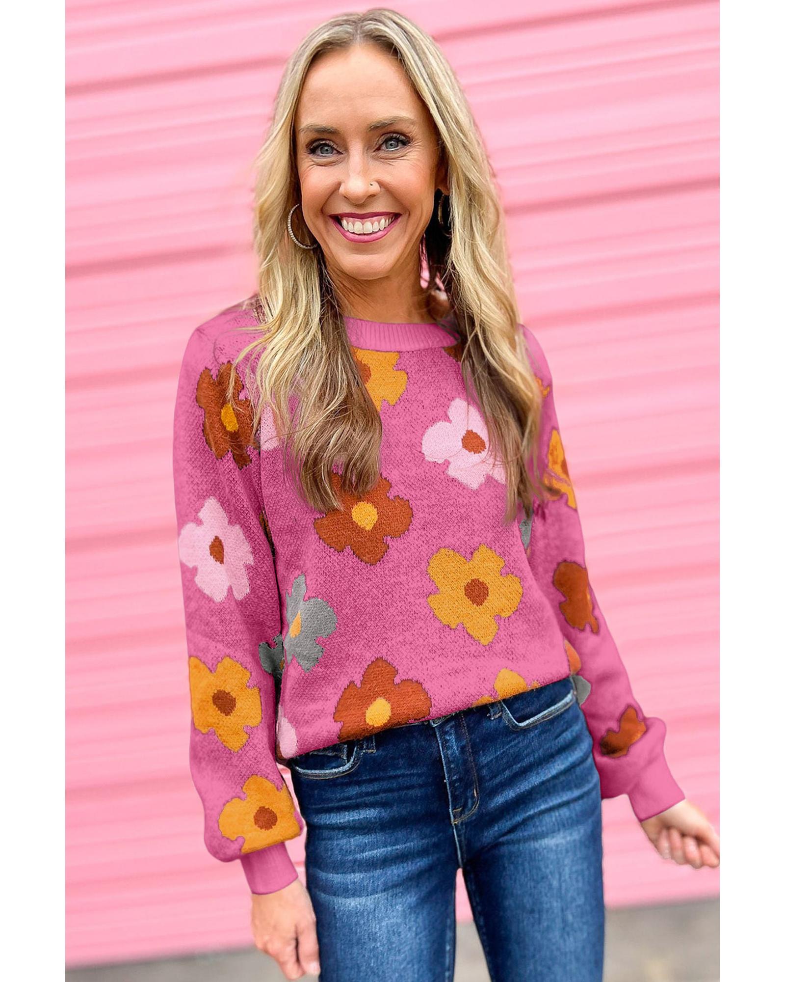 V539-AZEXDC2723204-10-L-202508281430-00 Pink Sweet Flower Knitted Ribbed Hem Sweater - L - Image 1