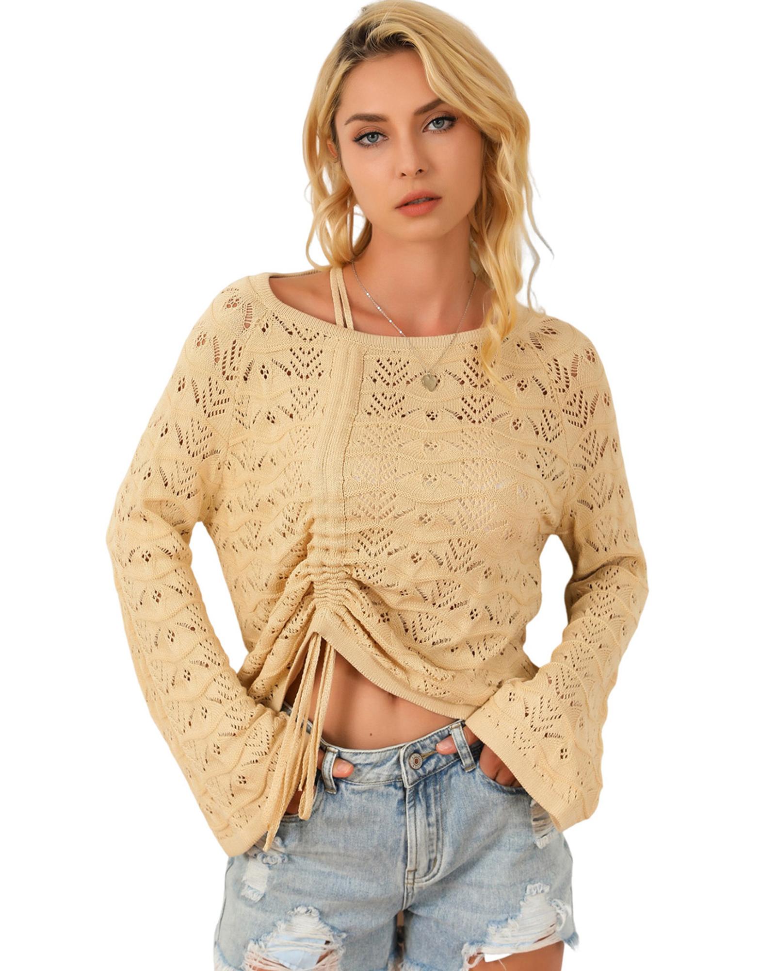 V539-AZEXDC2723216-16-S-202506131830-00 Khaki Hollowed Knit Asymmetric Drawstring Sweater - S - Image 1