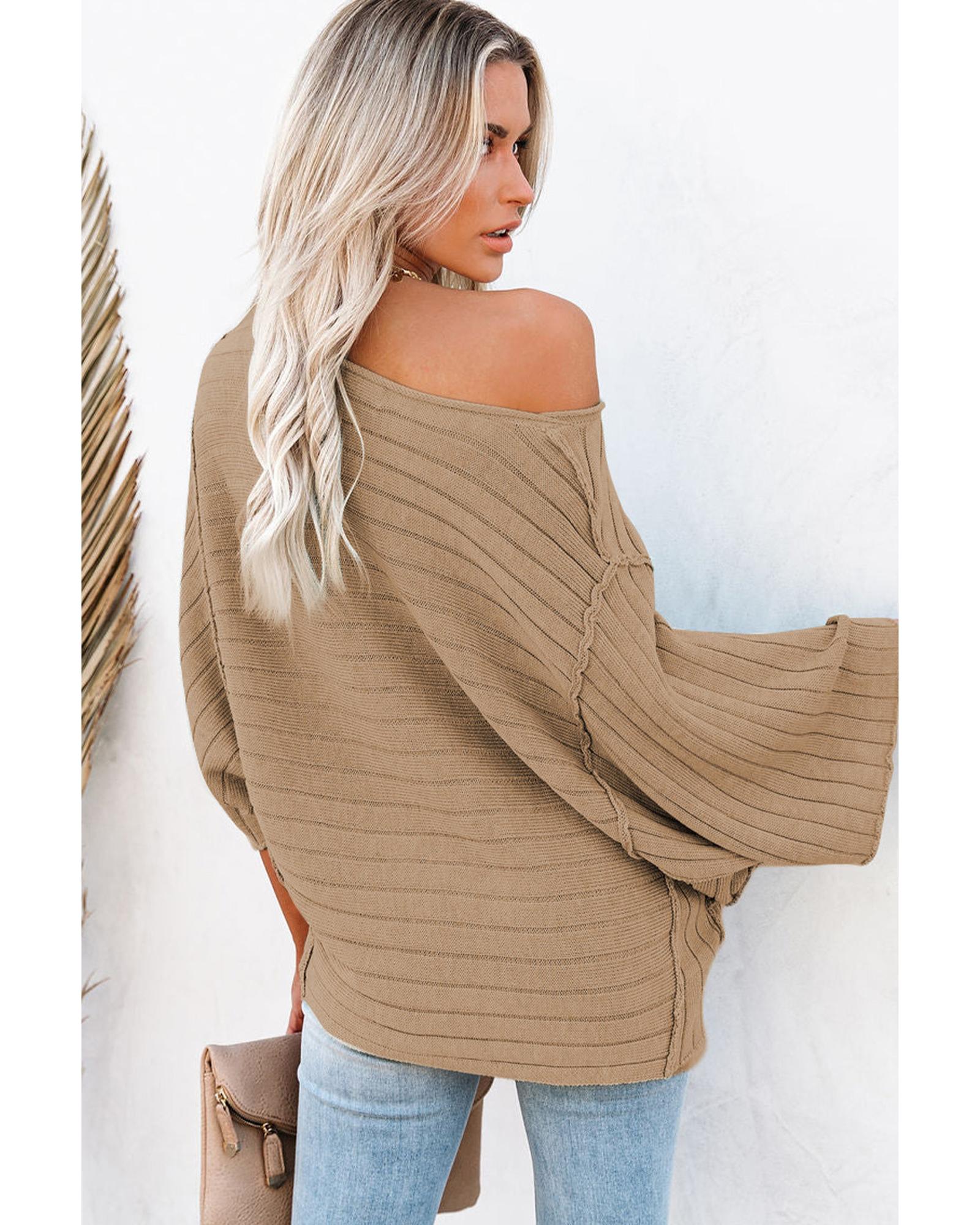 V539-AZEXDC2723218-17-L-202508300100-00 Brown Exposed Seam Ribbed Knit Dolman Top - L - Image 1