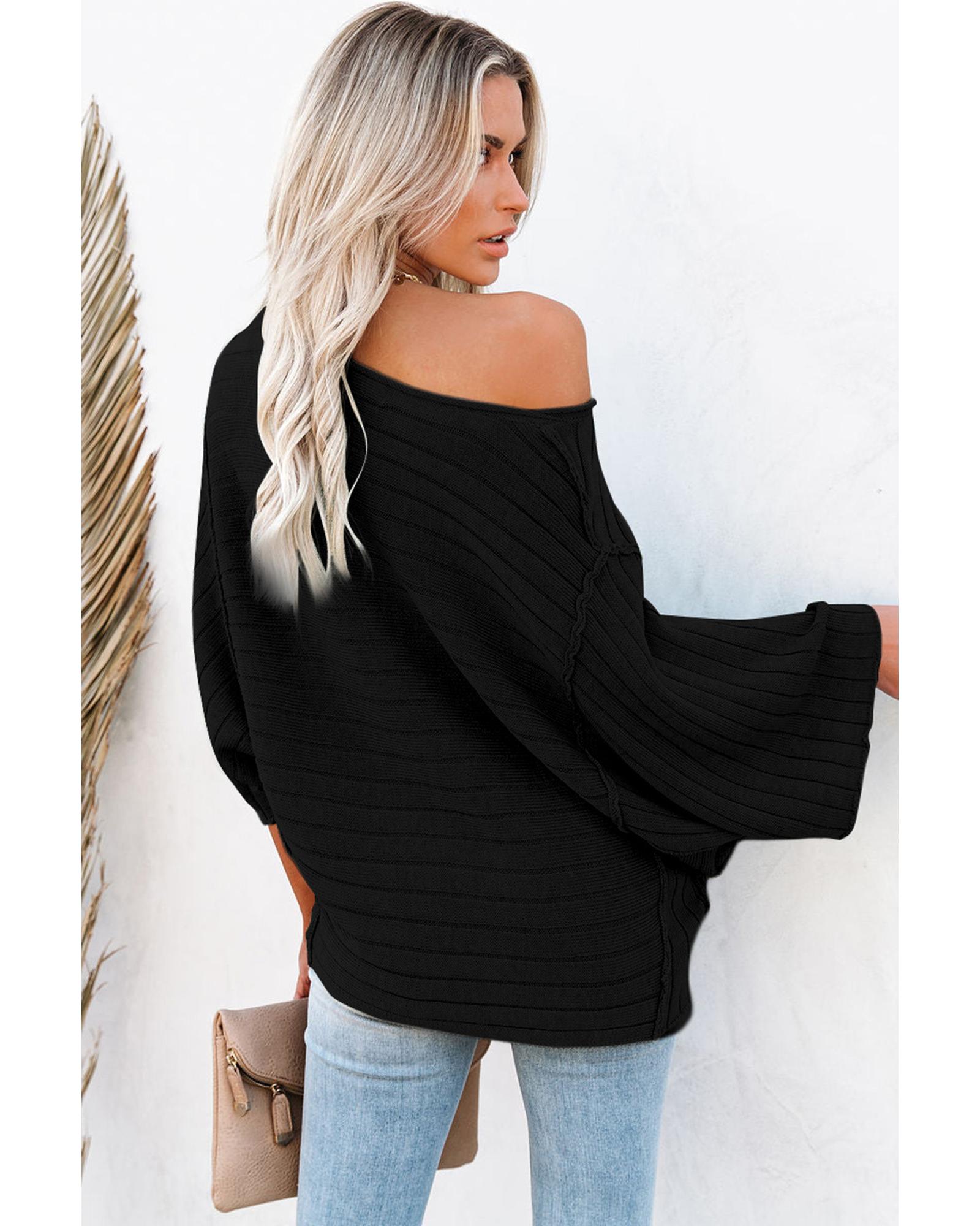 Black Exposed Seam Ribbed Knit Dolman Top - S