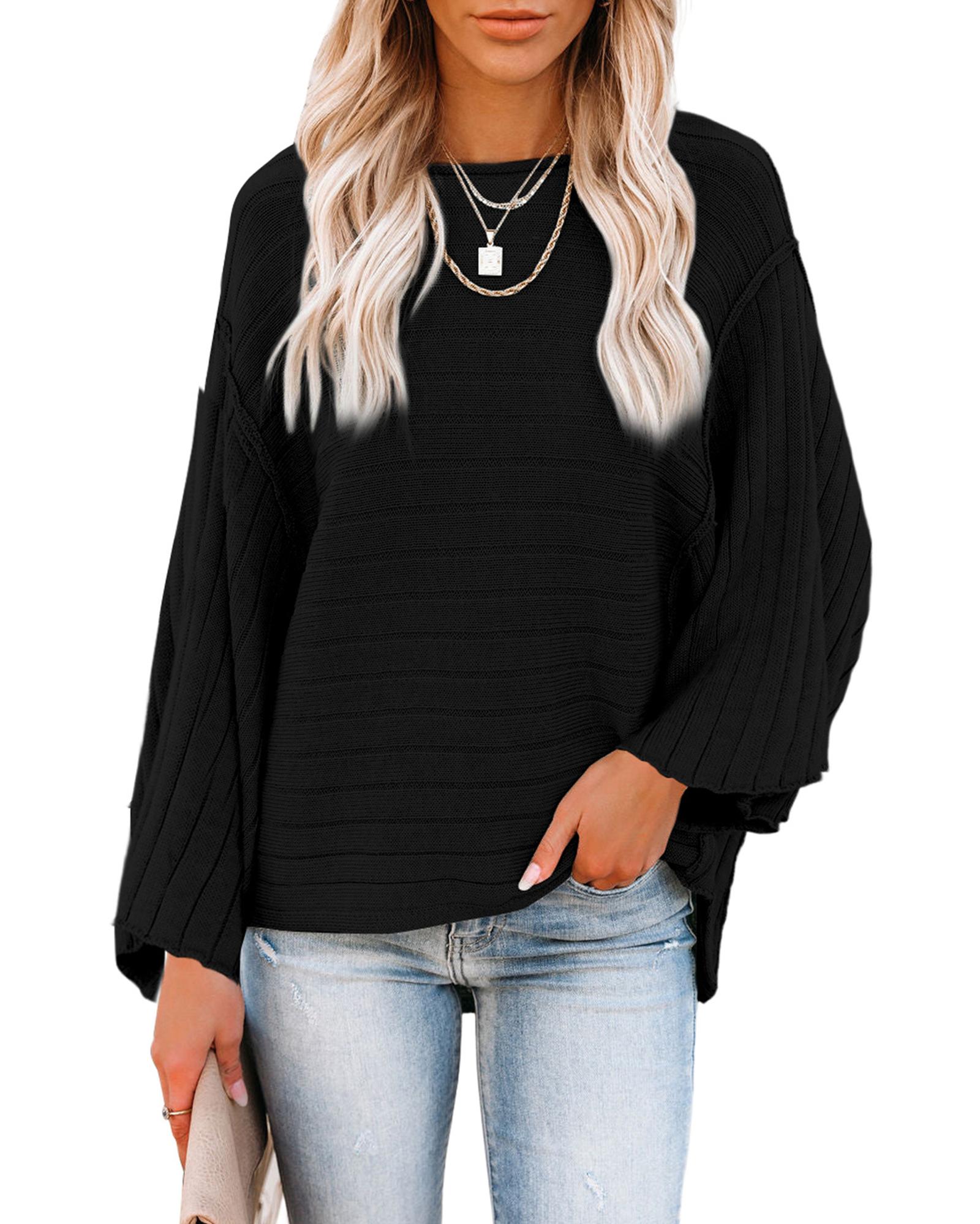 Black Exposed Seam Ribbed Knit Dolman Top - XL