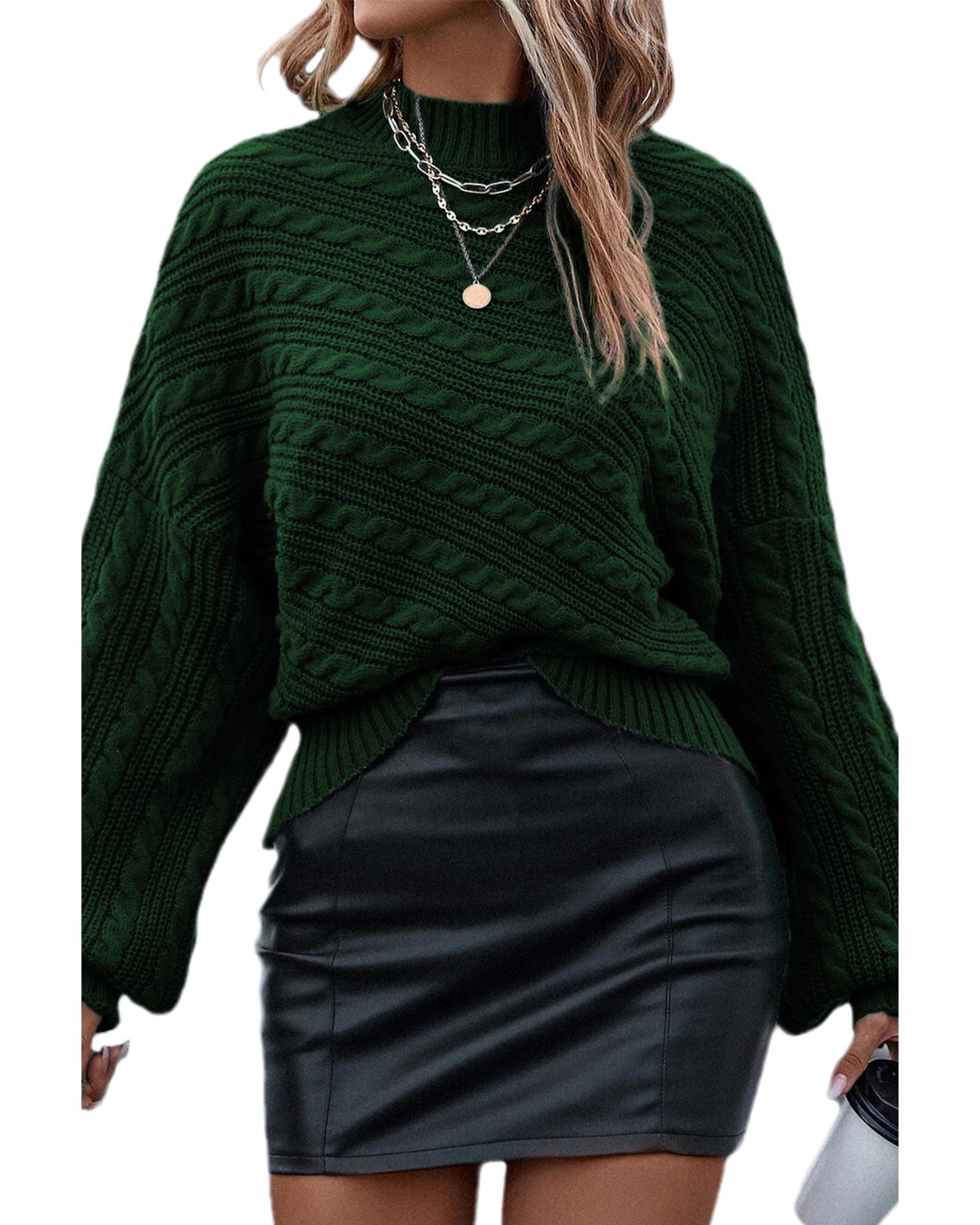 V539-AZEXDC2723522-P309-XL-202508281745-00 Blackish Green Mock Neck Lantern Sleeve Cable Knit Sweater - XL - Image 1