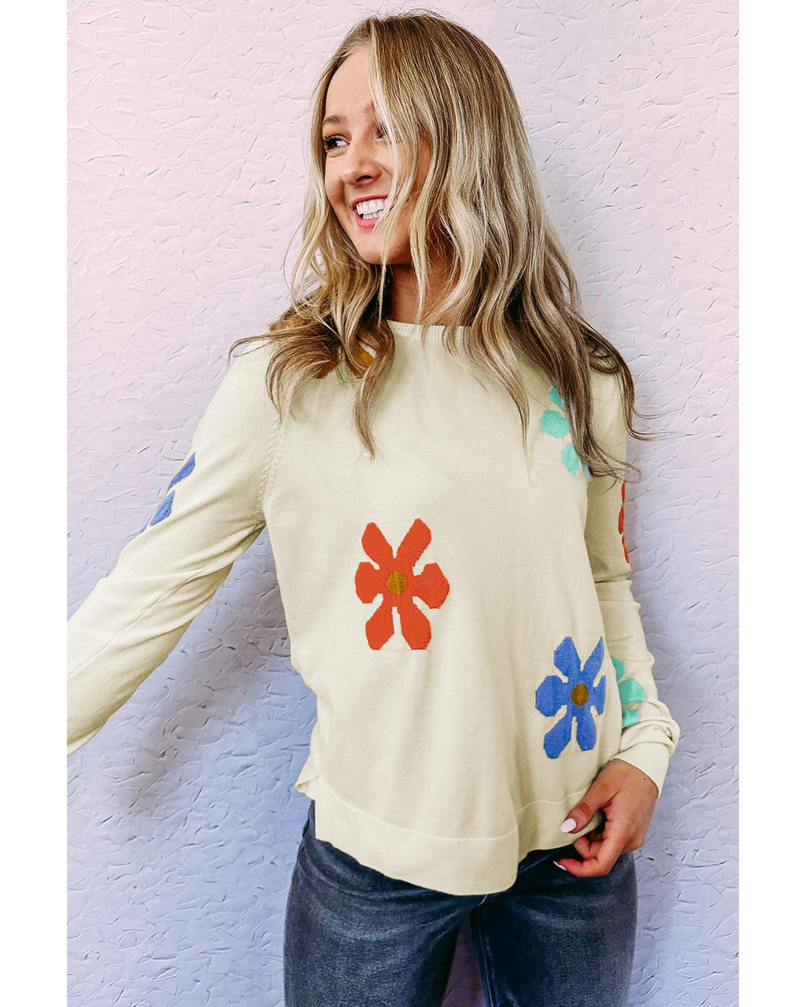 V539-AZEXDC2723610-1-L-202508291515-00 White Sweet Floral Pullover Sweater - L - Image 1