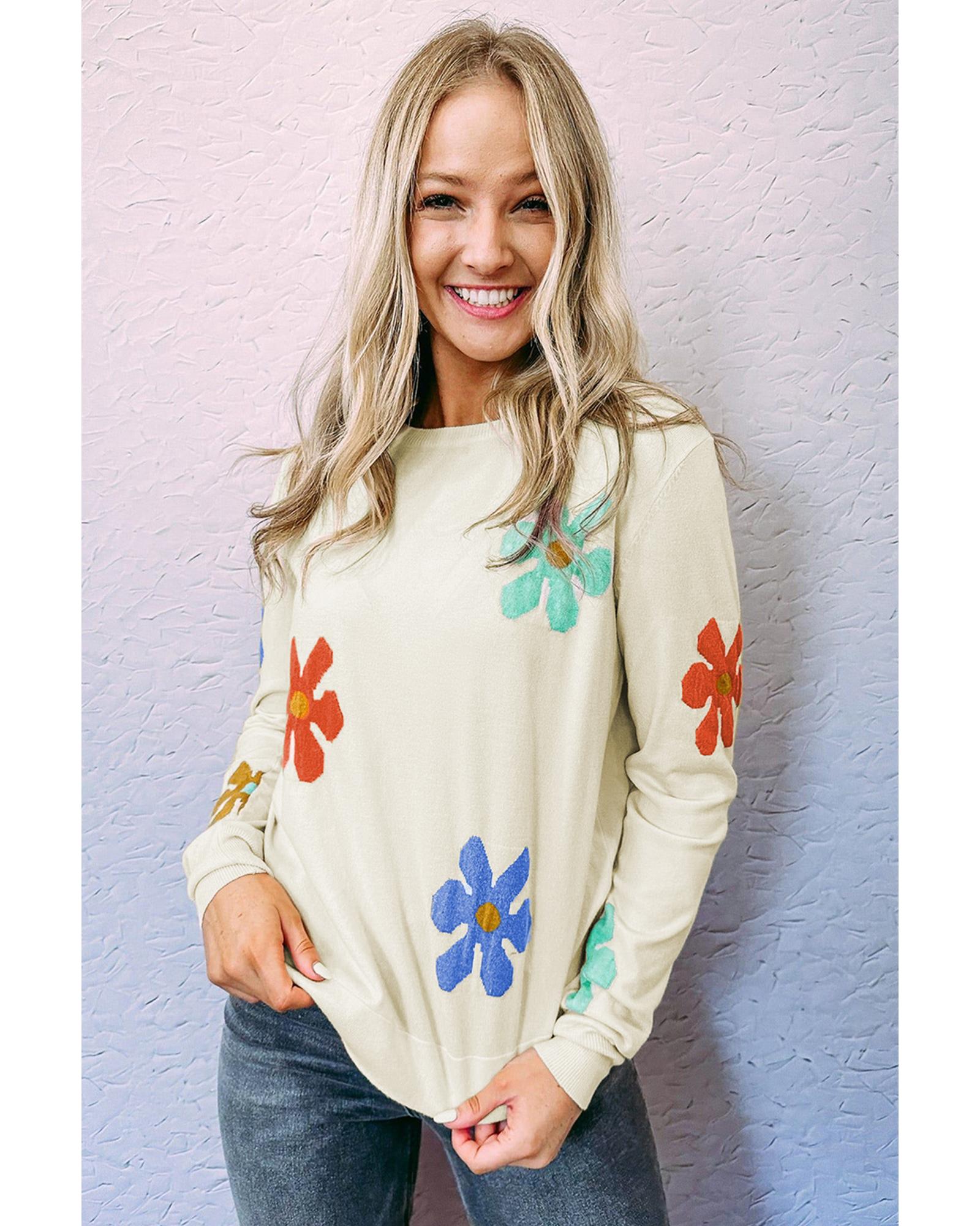 V539-AZEXDC2723610-1-XL-202508291930-00 White Sweet Floral Pullover Sweater - XL - Image 1