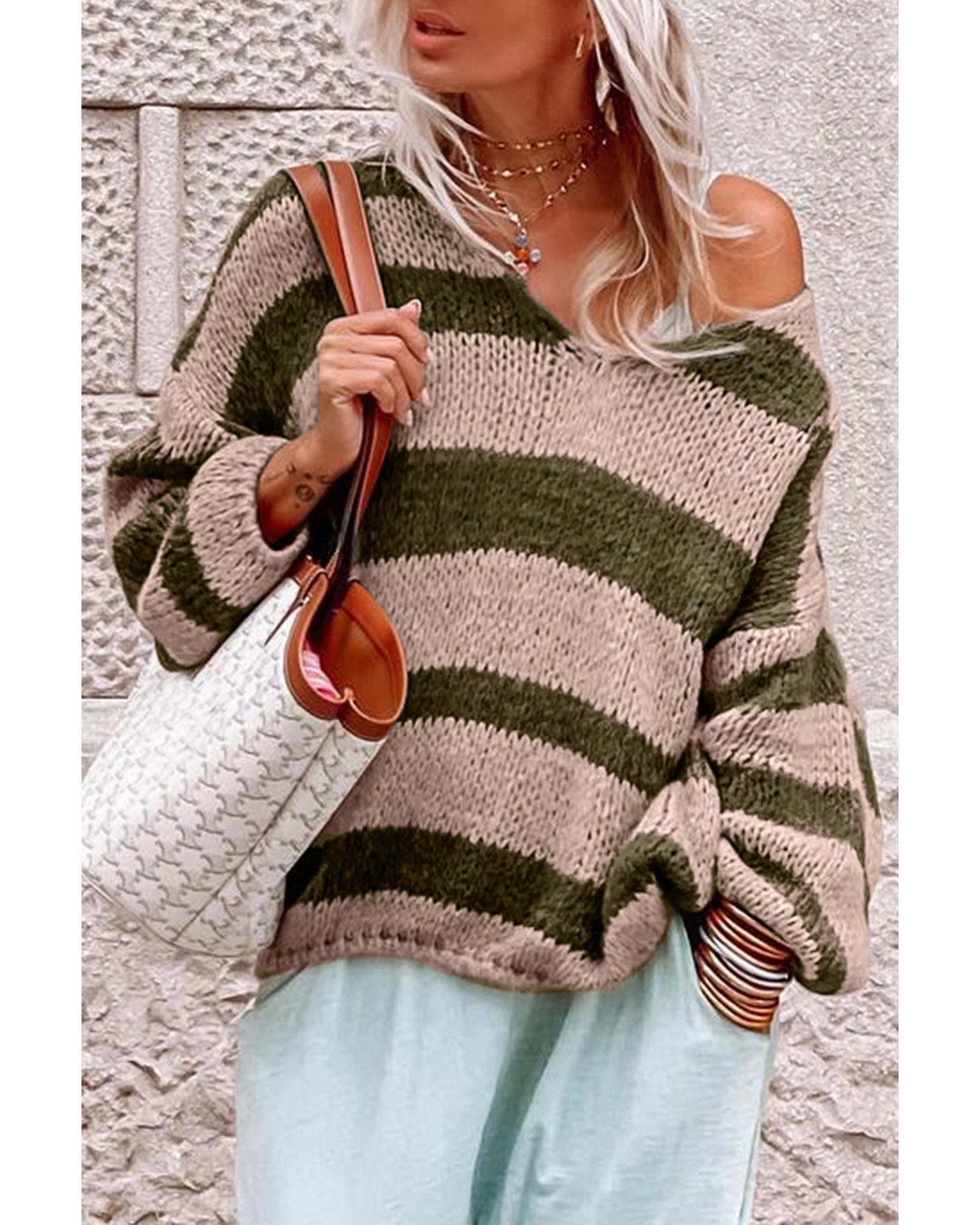 V539-AZEXDC2723616-9-L-202508292050-00 Green Striped Colorblock Knit V Neck Loose Fit Sweater - L - Image 1