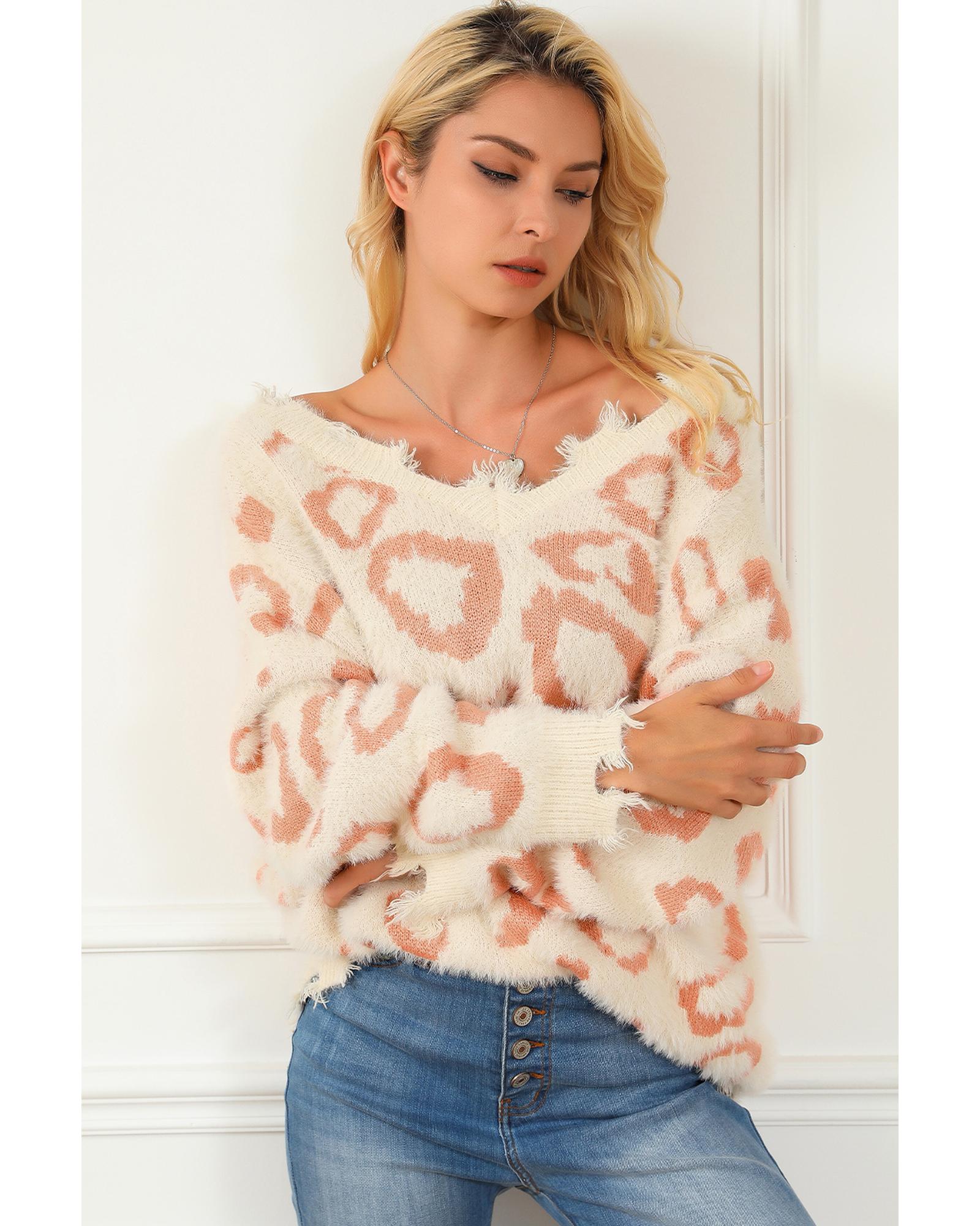 V539-AZEXDC2723630-20-L-202508300625-00 Leopard Animal Print Distressed Trim Fuzzy Sweater - L - Image 1