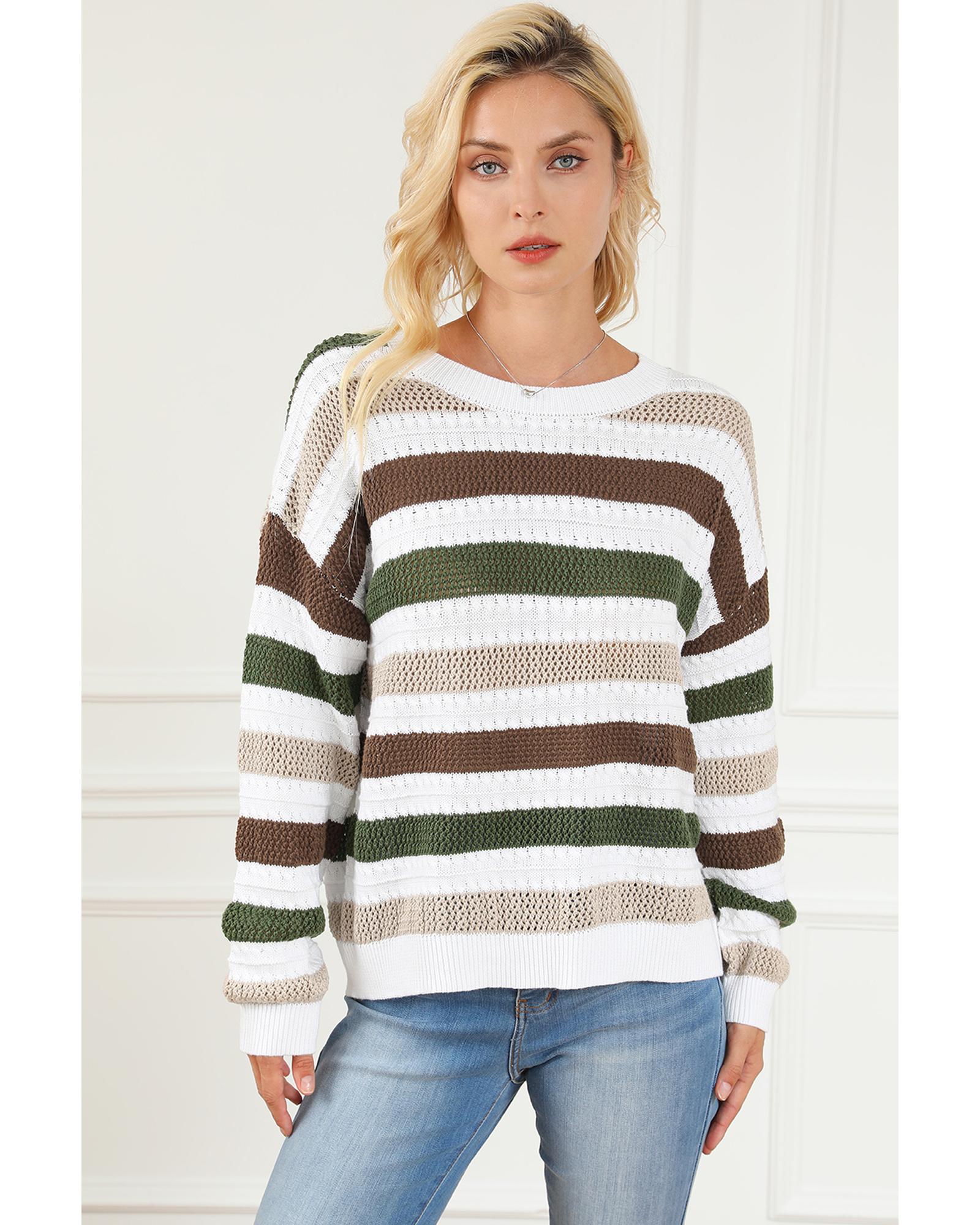 V539-AZEXDC2723653-19-M-202508280650-00 Stripe Crochet Hollow out Knit Sweater - M - Image 1