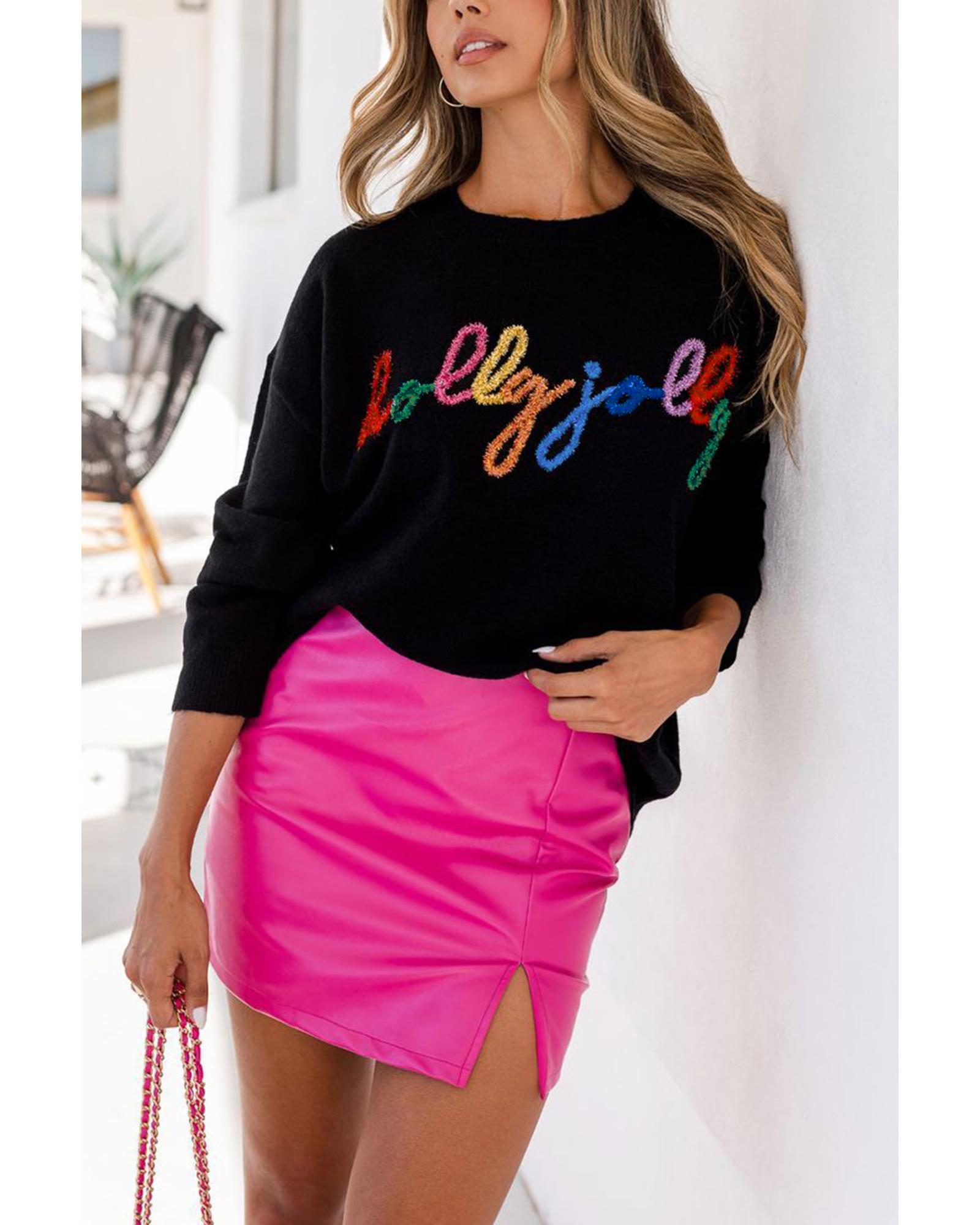 V539-AZEXDC2723655-2-L-202508281210-00 Black Holly Jolly Round Neck Casual Sweater - L - Image 1