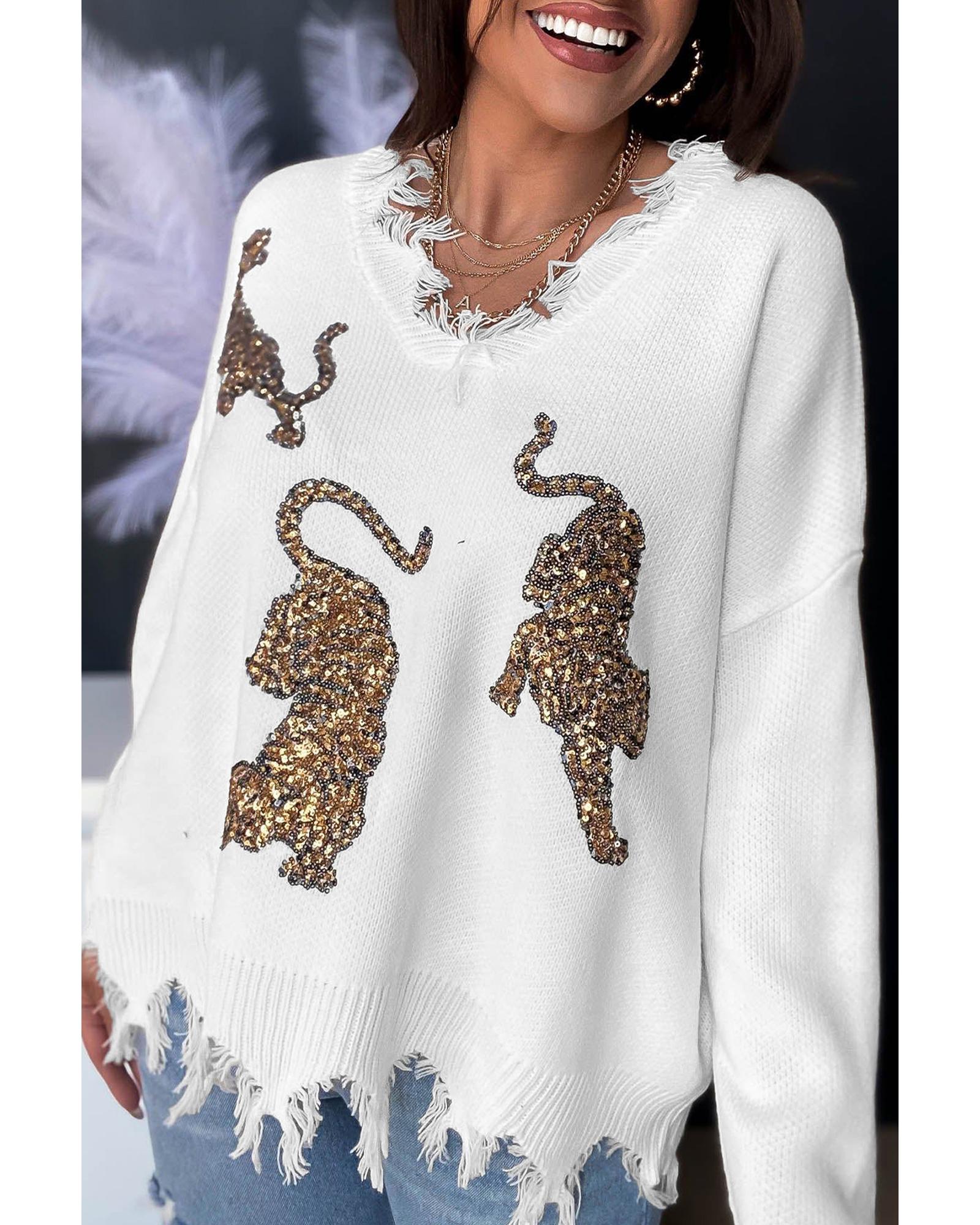 V539-AZEXDC2724033-P1-M-202508290030-00 White Frayed Sequin Tiger Sweater - M - Image 1