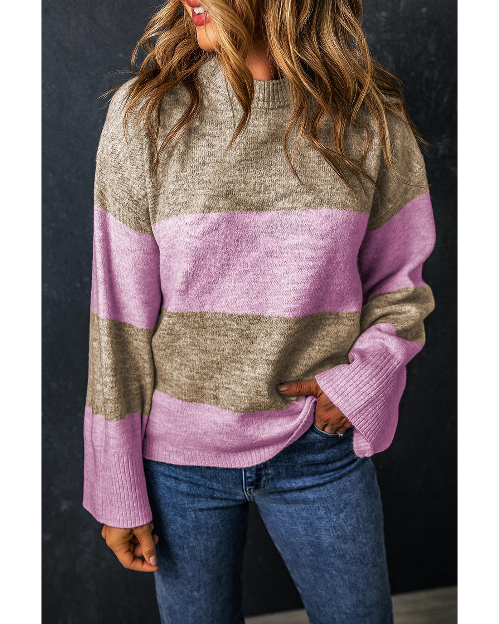 V539-AZEXDC2724165-P619-M-202508300350-00 Rose Stripe Crew Neck Wide Sleeve Colorblock Sweater - M - Image 1