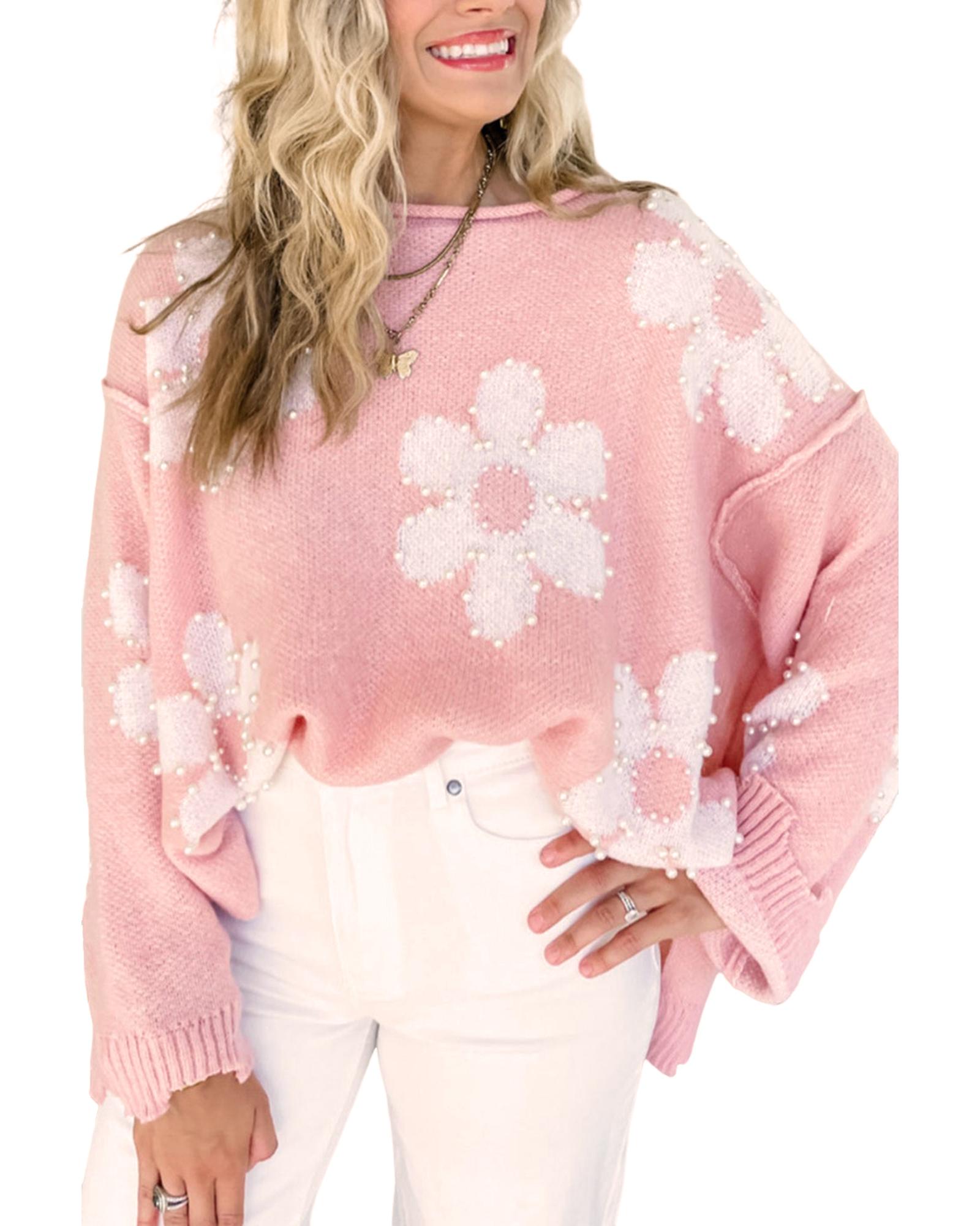 V539-AZEXDC2724172-P1022-XL-202508280515-00 Multicolour Pearl Beaded Floral Drop Shoulder Sweater - XL - Image 1