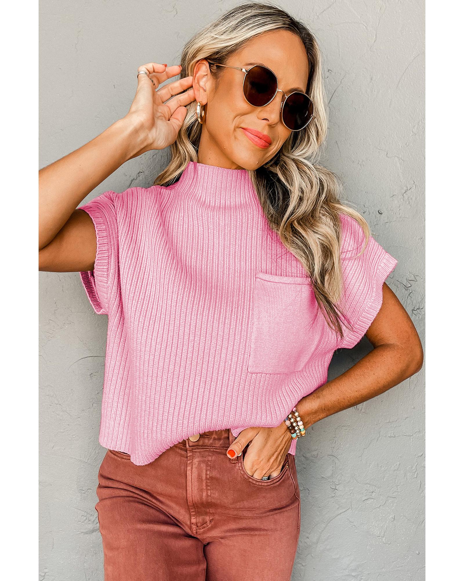 Pink Patch Pocket Ribbed Knit Short Sleeve Sweater - XL