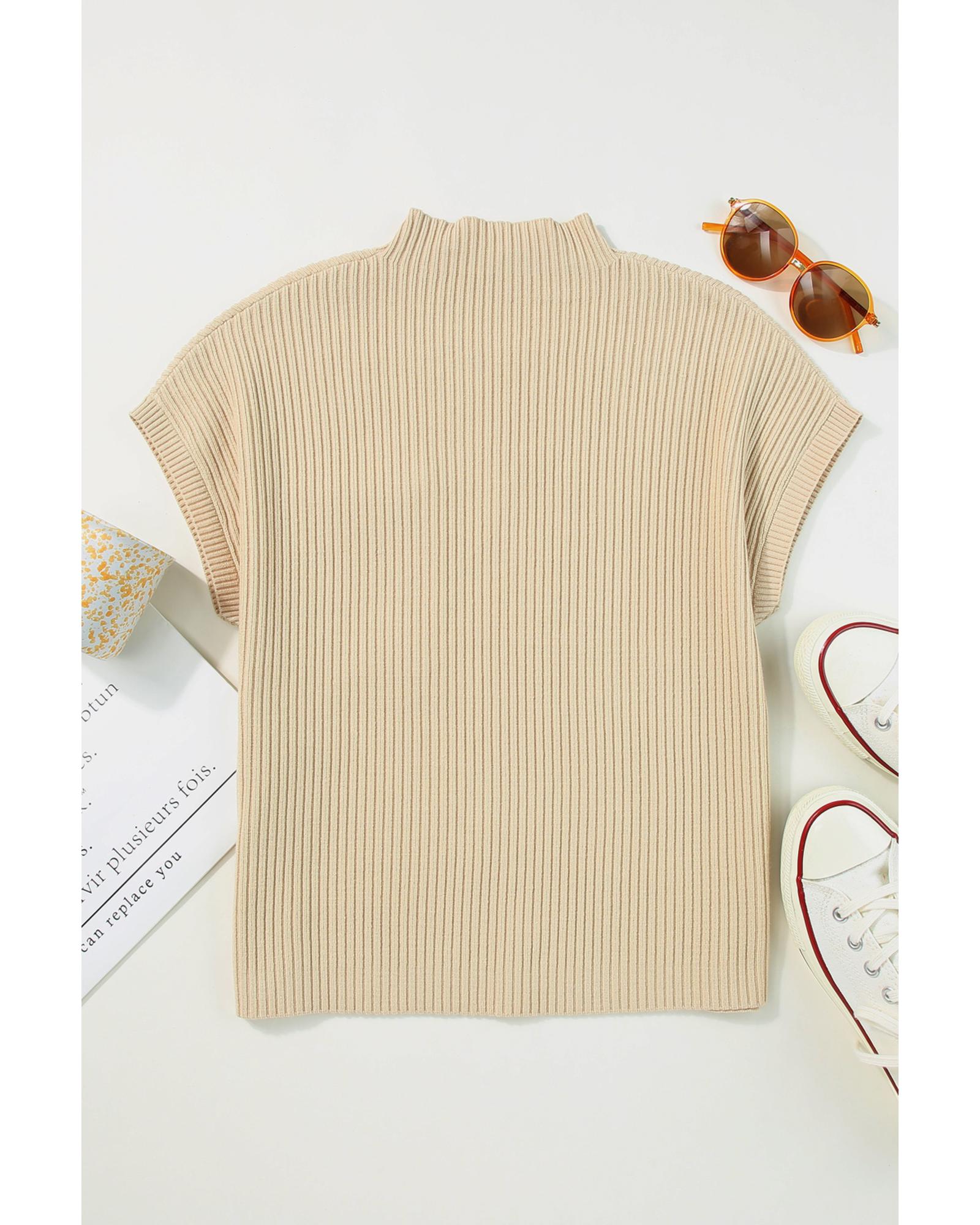 V539-AZEXDC2724250-P1015-XL-202508291800-00 Oatmeal Patch Pocket Ribbed Knit Short Sleeve Sweater - XL - Image 1