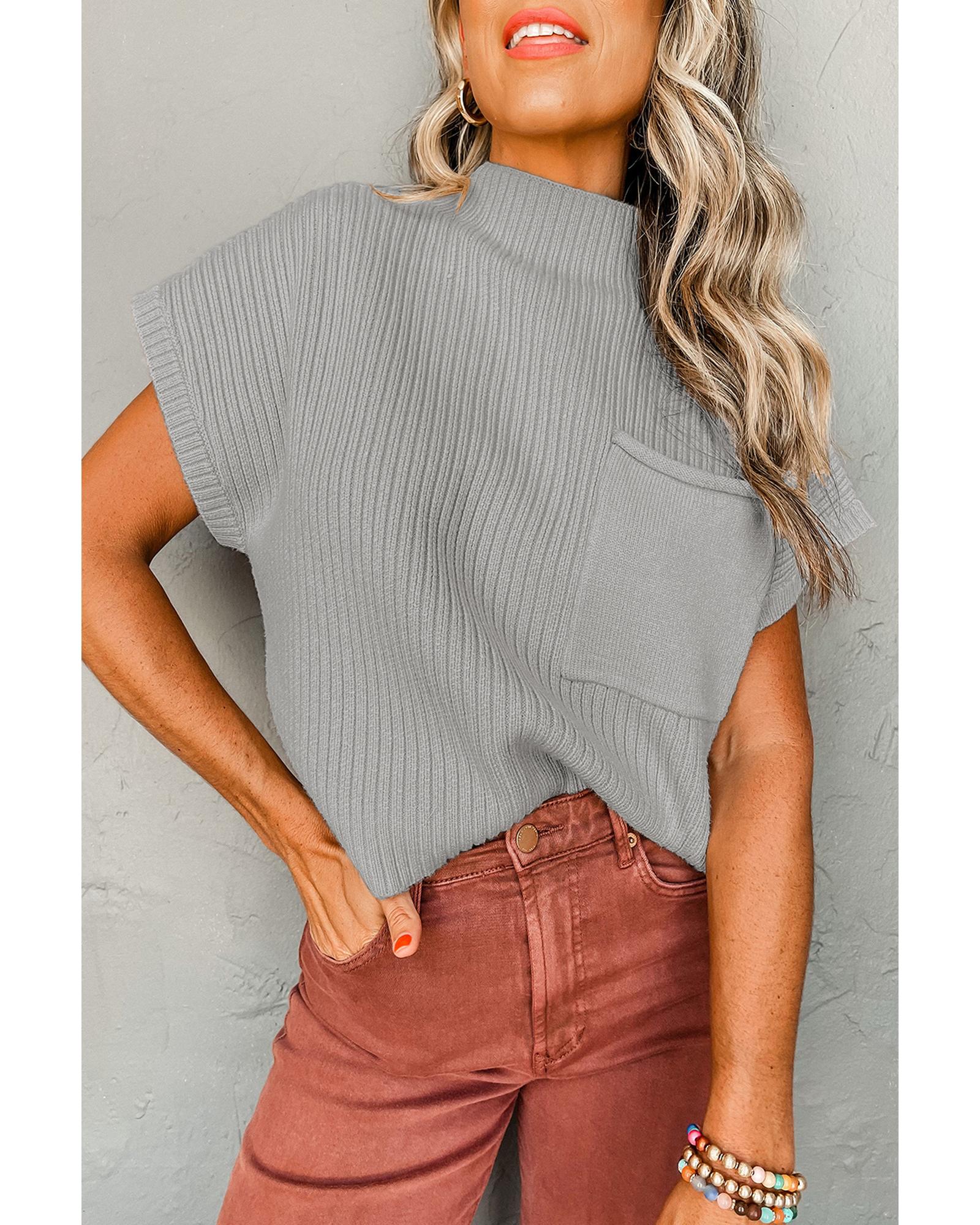 Gray Patch Pocket Ribbed Knit Short Sleeve Sweater - M