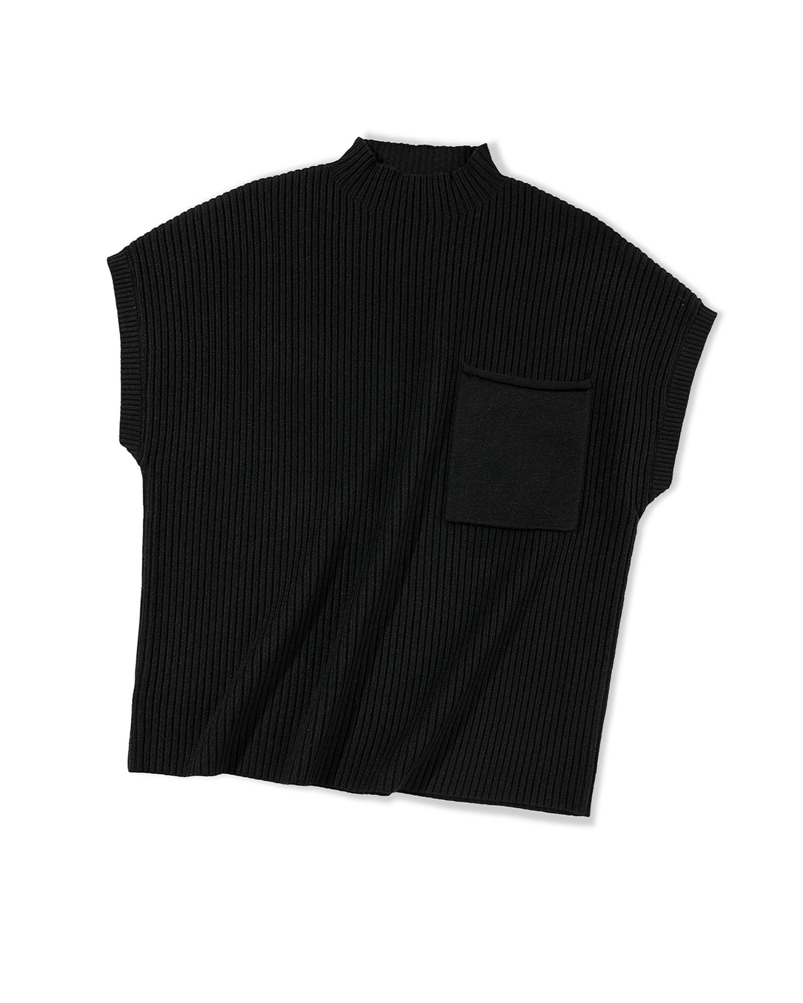 V539-AZEXDC2724250-P2-M-202508280535-00 Black Patch Pocket Ribbed Knit Short Sleeve Sweater - M - Image 1