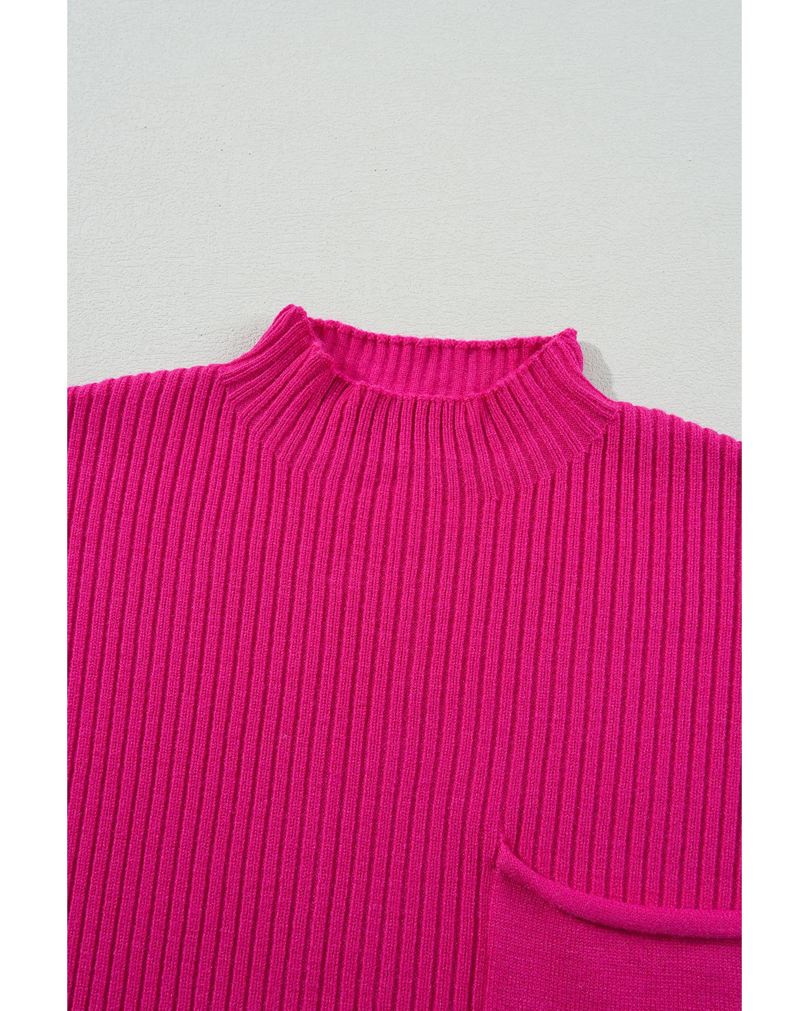 V539-AZEXDC2724250-P6-2XL-202508291525-00 Rose Red Patch Pocket Ribbed Knit Short Sleeve Sweater - 2XL - Image 1