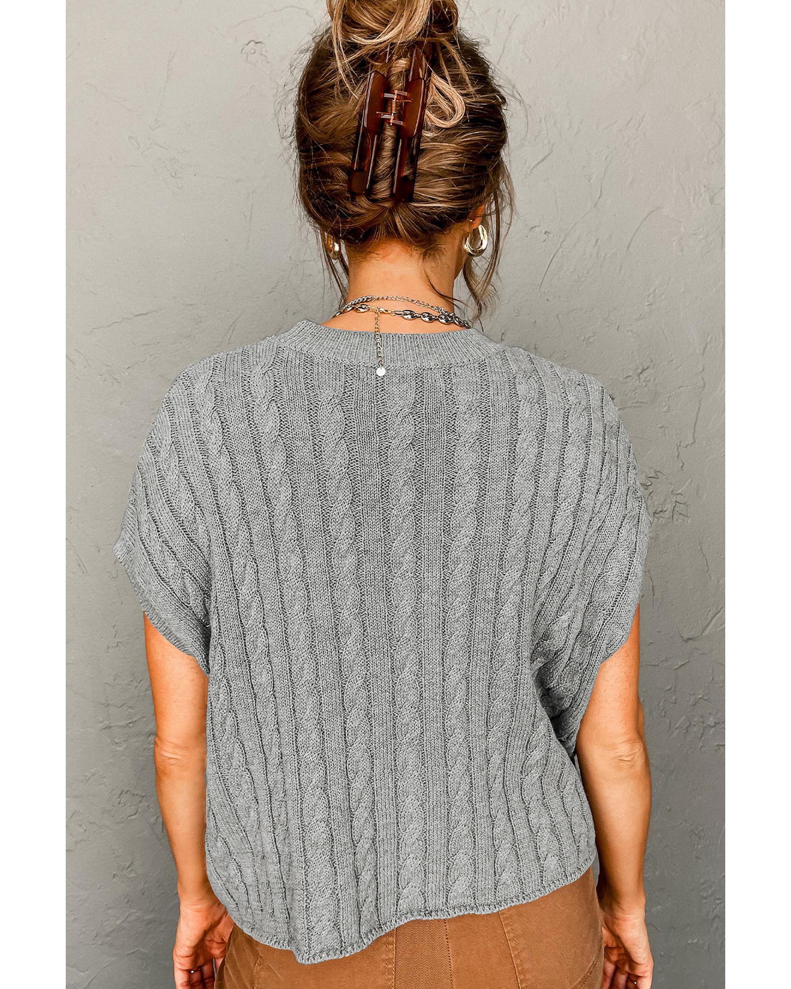 Gray Crew Neck Cable Knit Short Sleeve Sweater - L