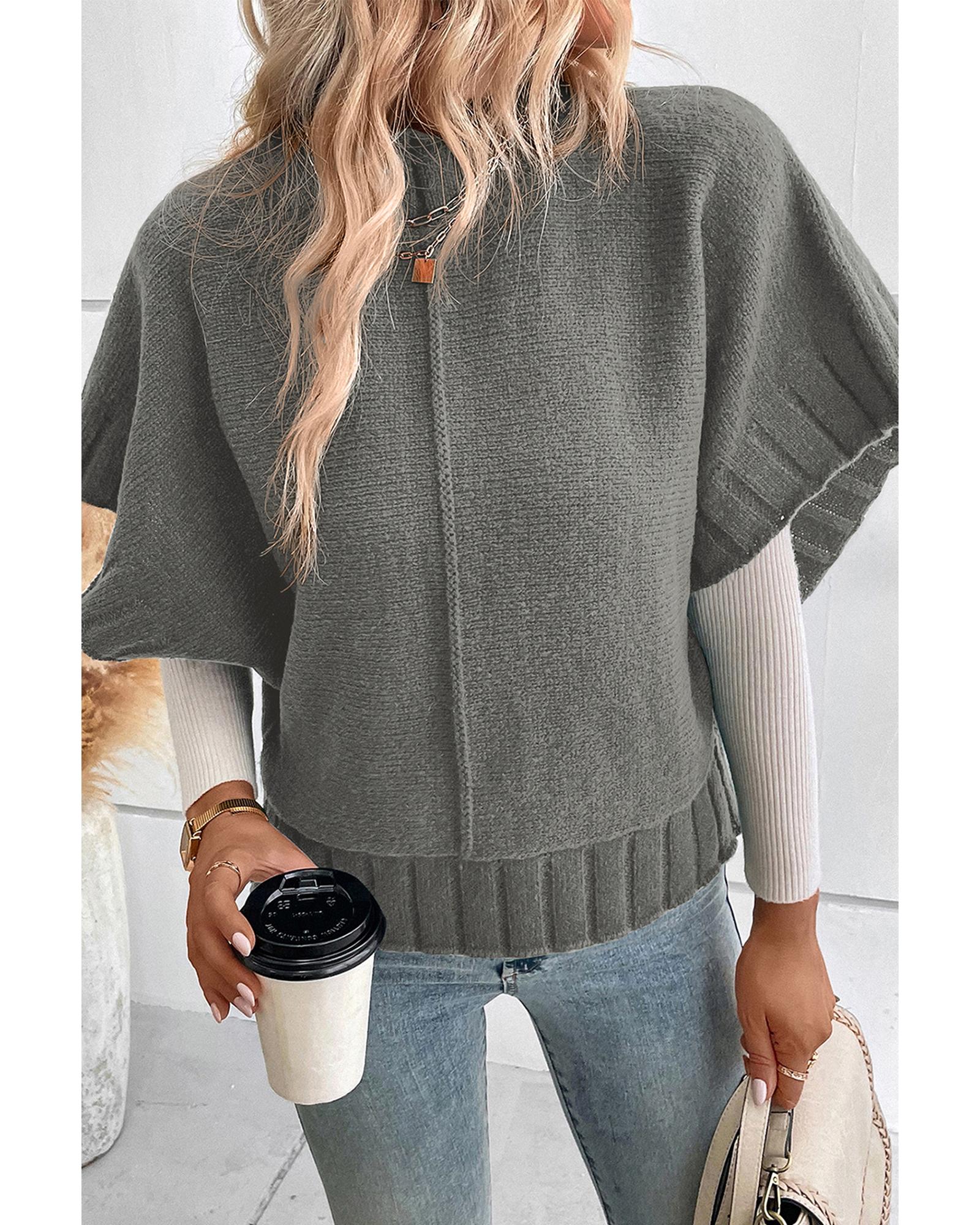 V539-AZEXDC2724426-P3011-XL-202508281130-00 Medium Grey Mock Neck Batwing Short Sleeve Knit Sweater - XL - Image 1