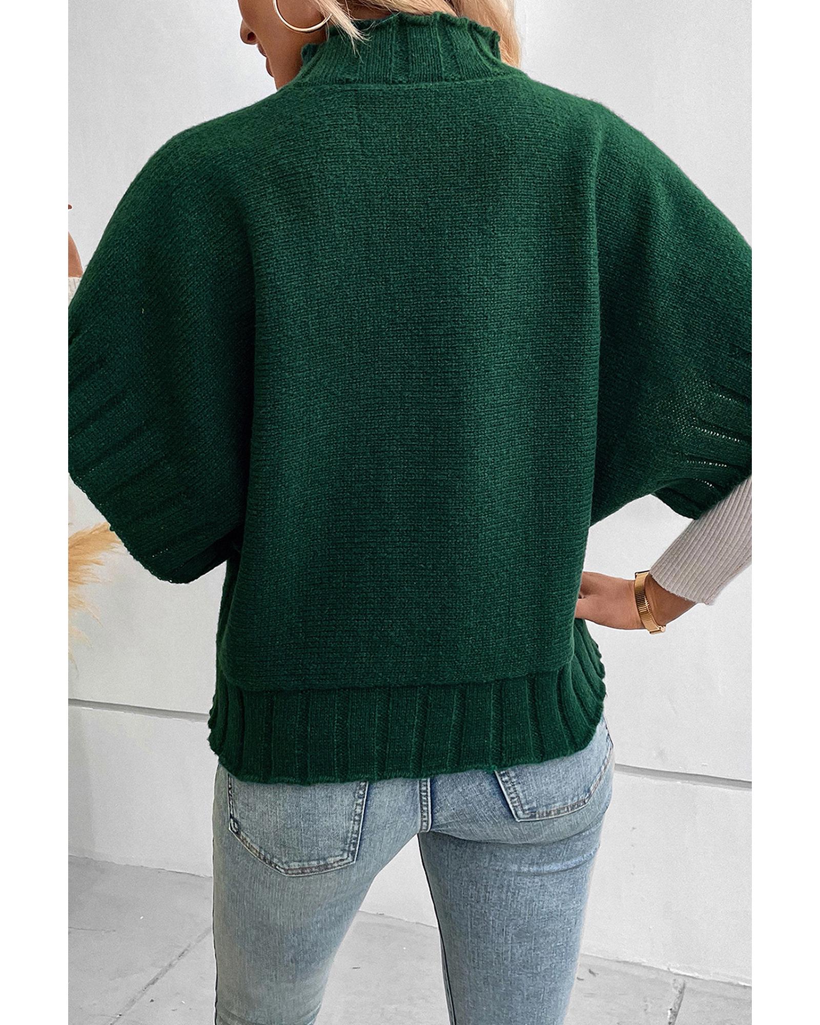 V539-AZEXDC2724426-P309-XL-202508281530-00 Blackish Green Mock Neck Batwing Short Sleeve Knit Sweater - XL - Image 1
