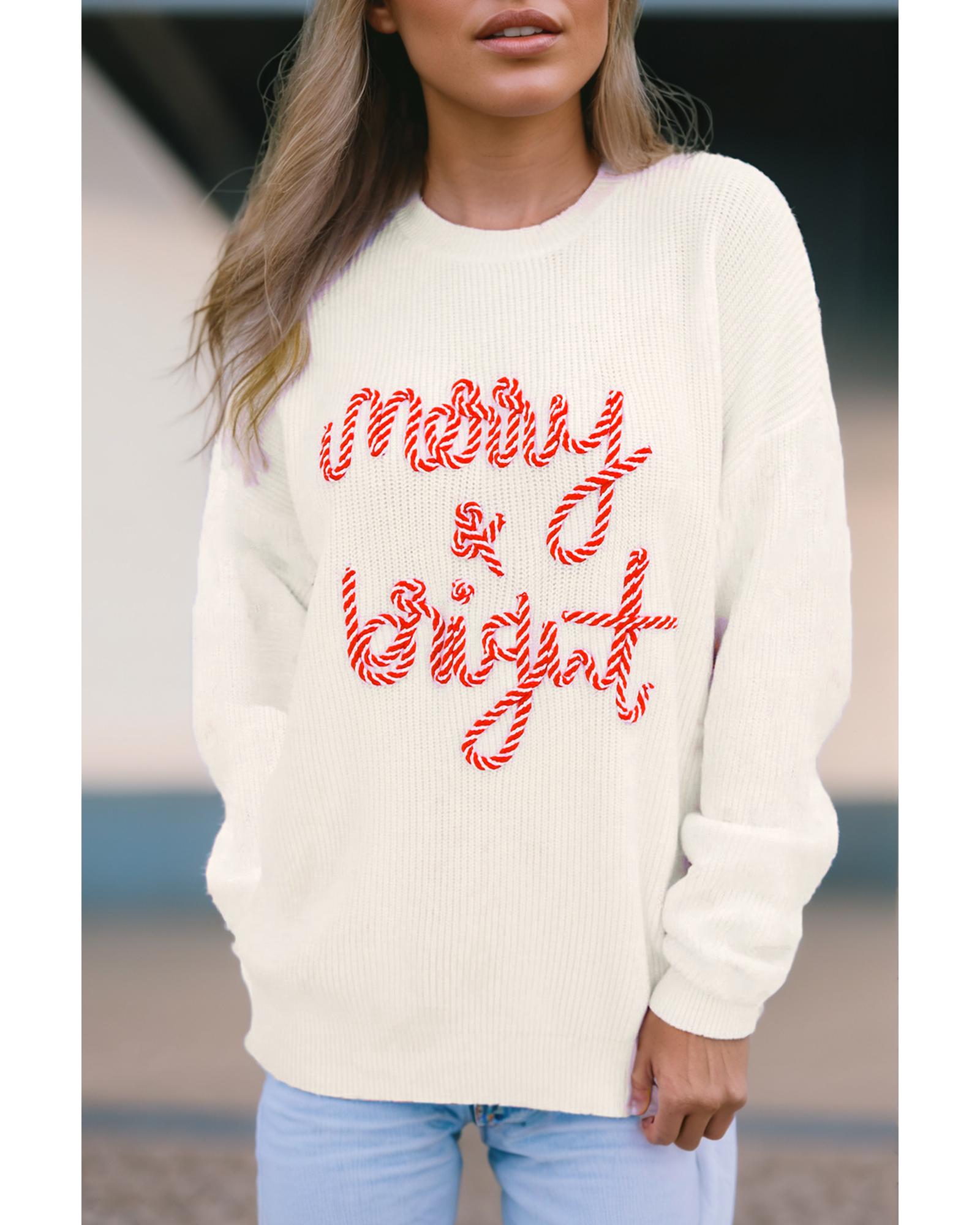 V539-AZEXDC2724446-P1-M-202508282145-00 White Striped Merry Bright Letter Christmas Sweater - M - Image 1