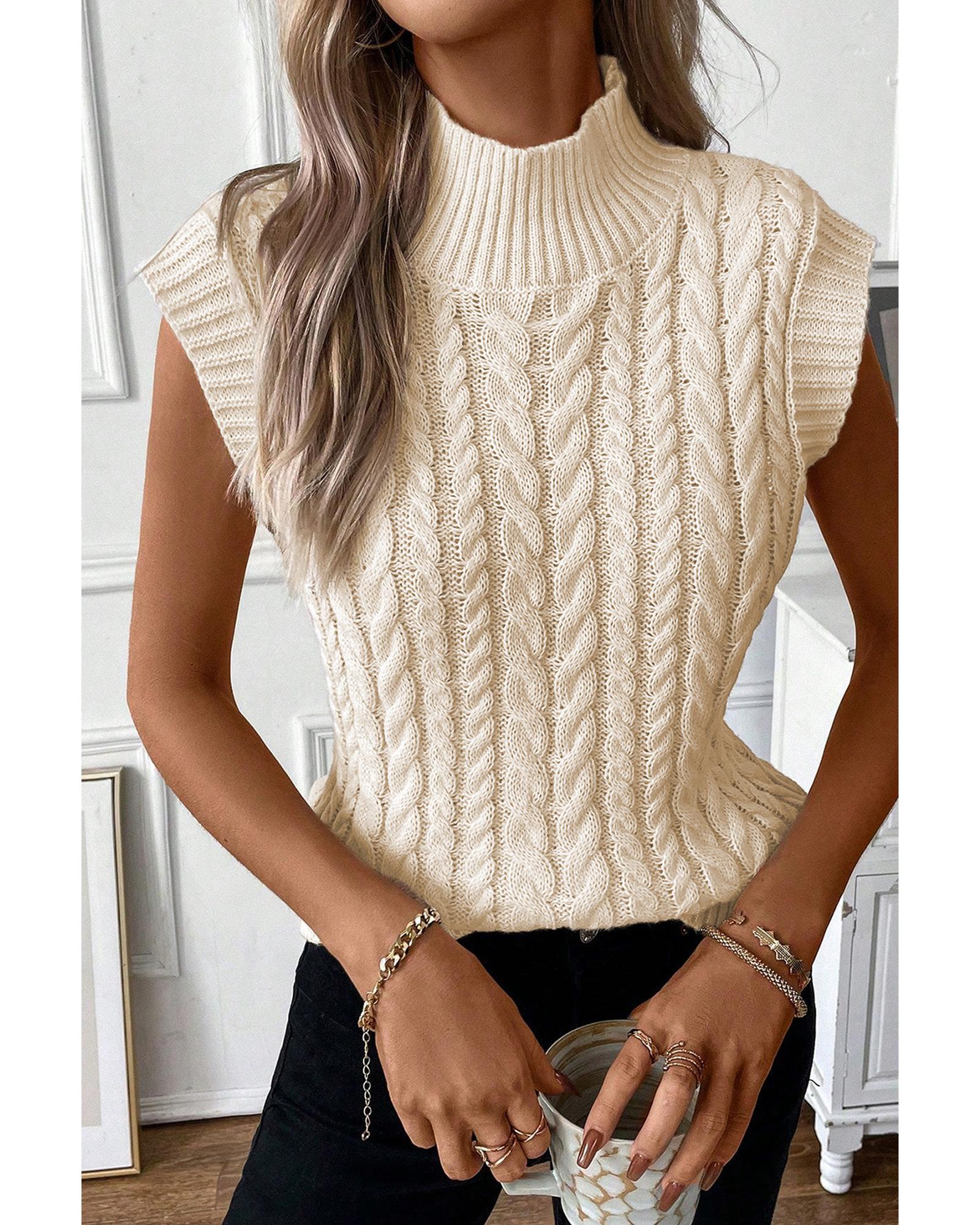 V539-AZEXDC2724449-P1015-L-202506140011-00 Oatmeal Cable Knit High Neck Sweater Vest - L - Image 1