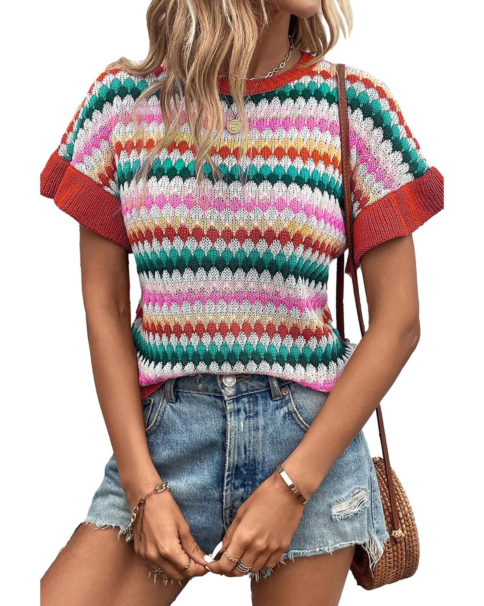 V539-AZEXDC2724522-P3-S-202506140032-00 Fiery Red Trimmed Ruffle Sleeve Colorful Textured Sweater - S - Image 1