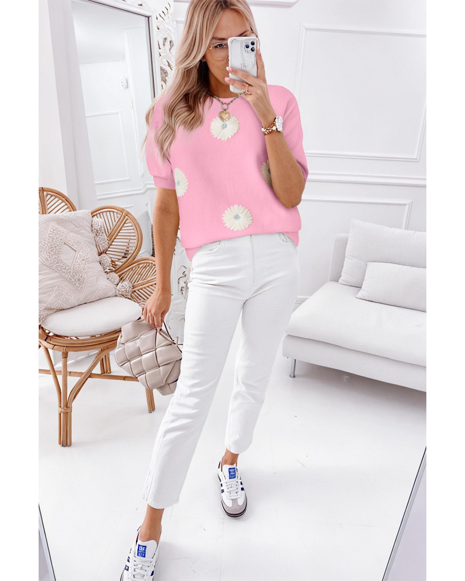 V539-AZEXDC2724656-P10-M-202508280915-00 Pink Flower Pattern Short Sleeve Knitted Top - M - Image 1