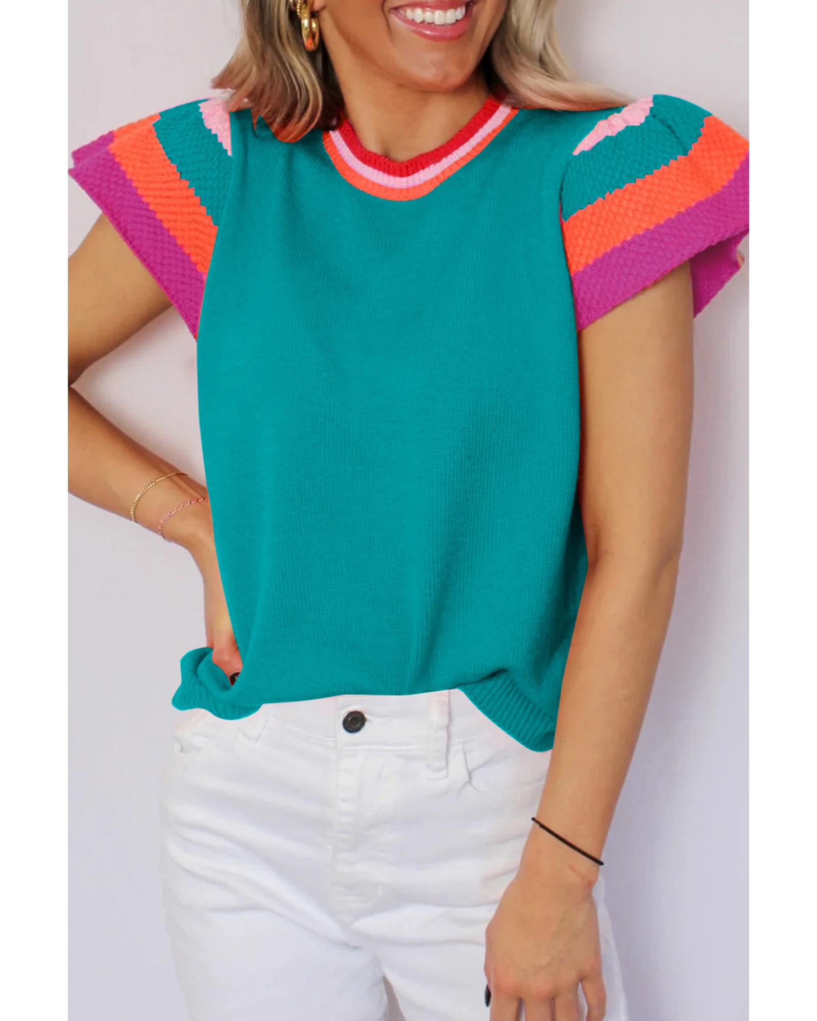 V539-AZEXDC2724732-P404-S-202506140136-00 Turquoise Contrast Flutter Sleeves Knitted Sweater T Shirt - S - Image 1
