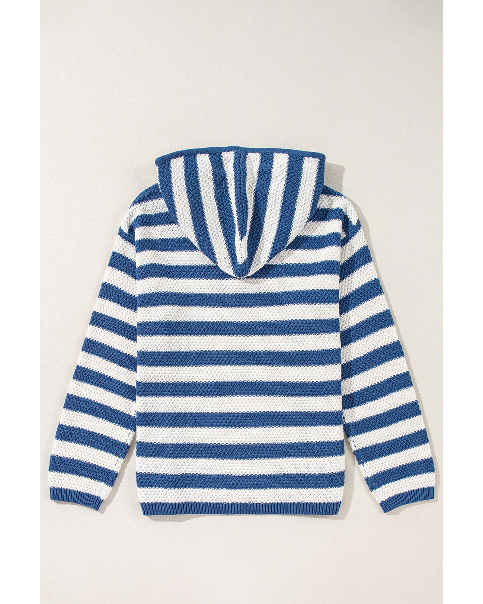 V539-AZEXDC2724763-P519-2XL-202508292120-00 Blue Stripe V Neck Pocketed Drawstring Hooded Sweater - 2XL - Image 1