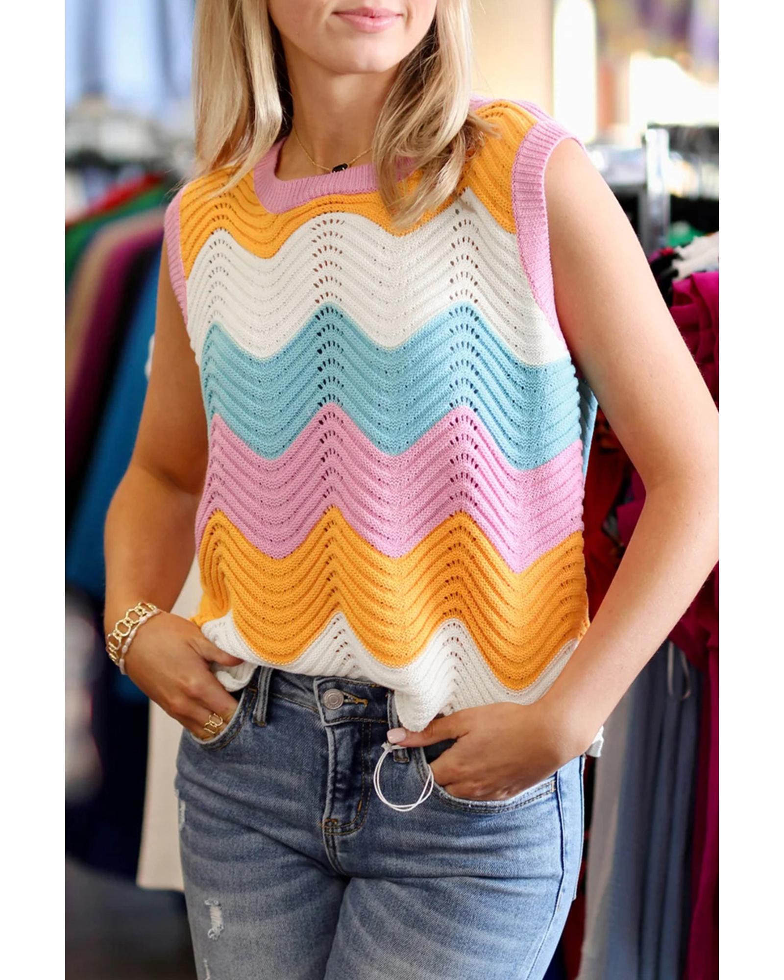 V539-AZEXDC2724814-P22-L-202508300110-00 Multicolour Striped Colorblock Scalloped Hem Knitted Vest - L - Image 1