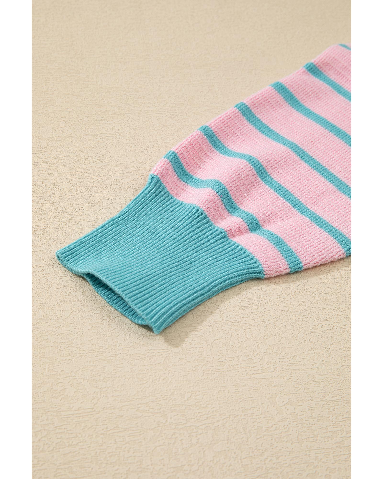 V539-AZEXDC2724825-P1019-S-202506140232-00 Pink Stripe Trimmed Round Neck Drop Shoulder Loose Sweater - S - Image 1