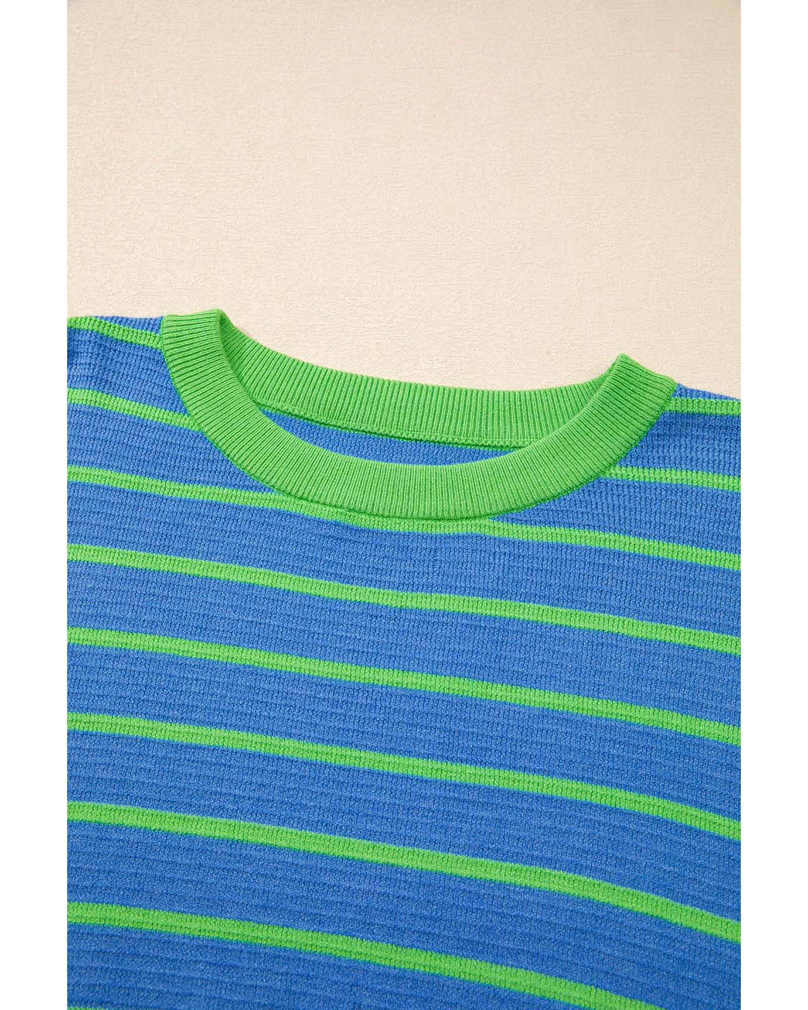 V539-AZEXDC2724825-P419-XL-202506132220-00 Sky Blue Stripe Trimmed Round Neck Drop Shoulder Loose Sweater - XL - Image 1