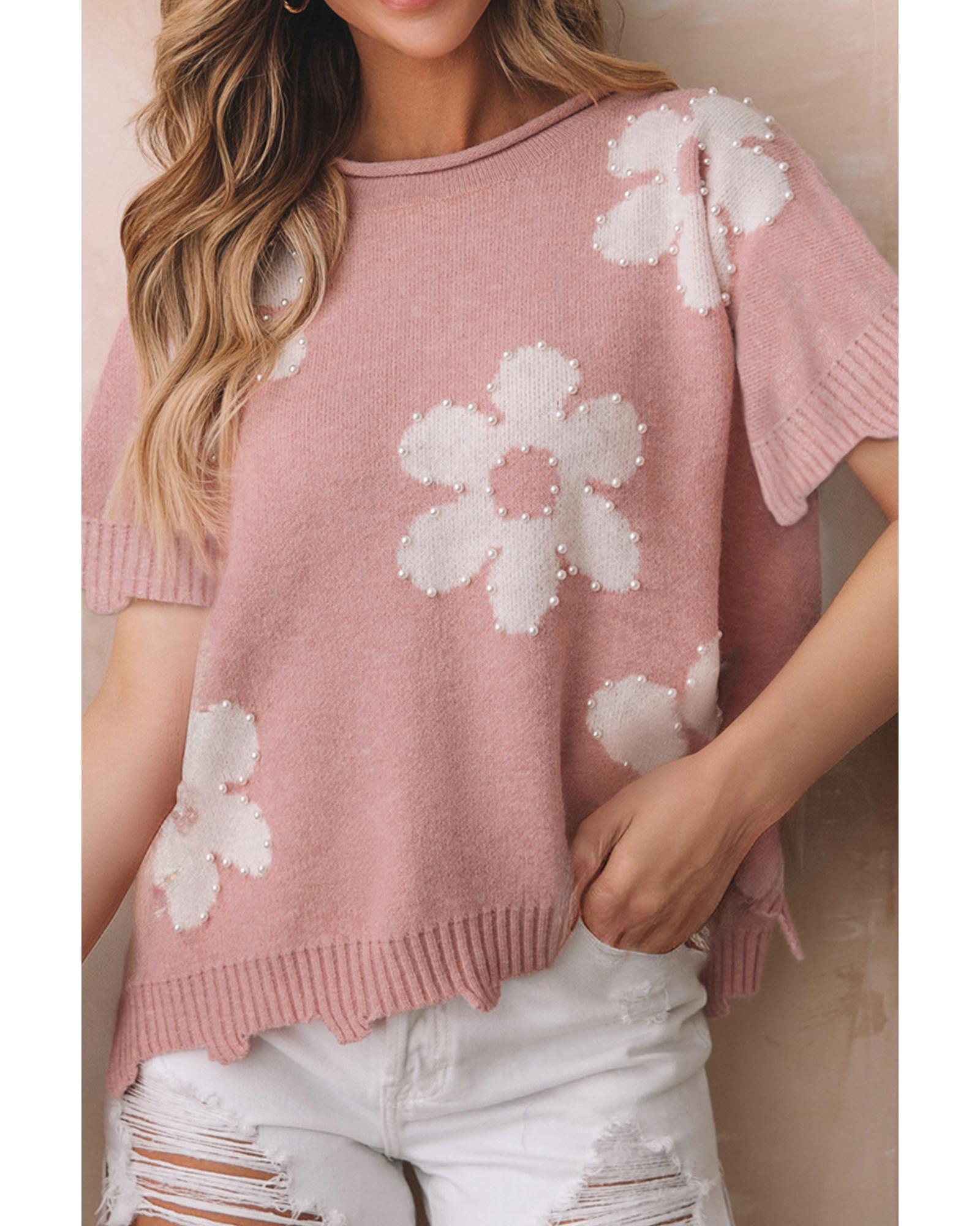 V539-AZEXDC2724830-P1010-M-202508281240-00 Light Pink Pearled Flower Distressed Edge Sweater T Shirt - M - Image 1