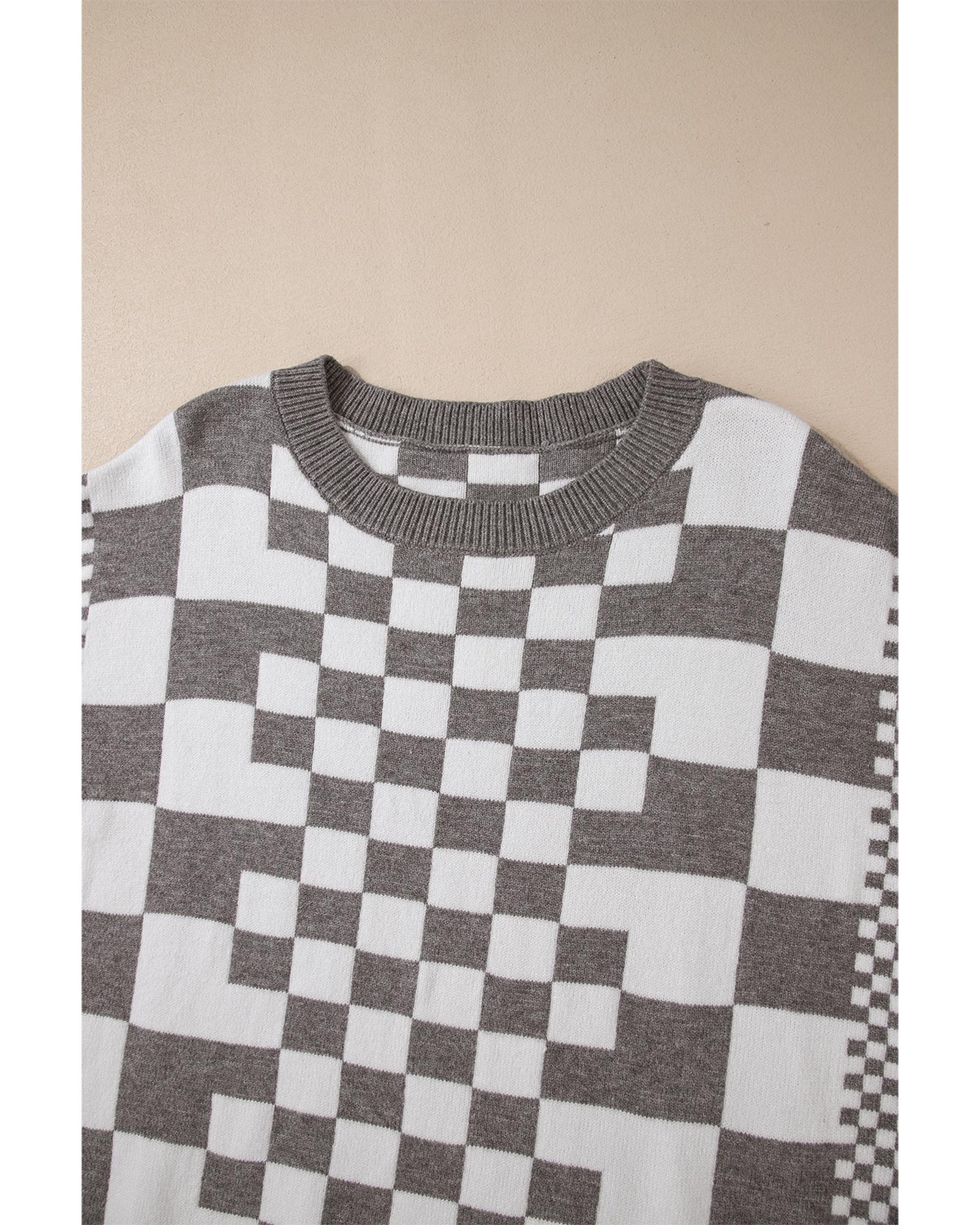 V539-AZEXDC2724831-P1122-M-202508281755-00 Gray Checkered Print Drop Shoulder Round Neck Sweater - M - Image 1