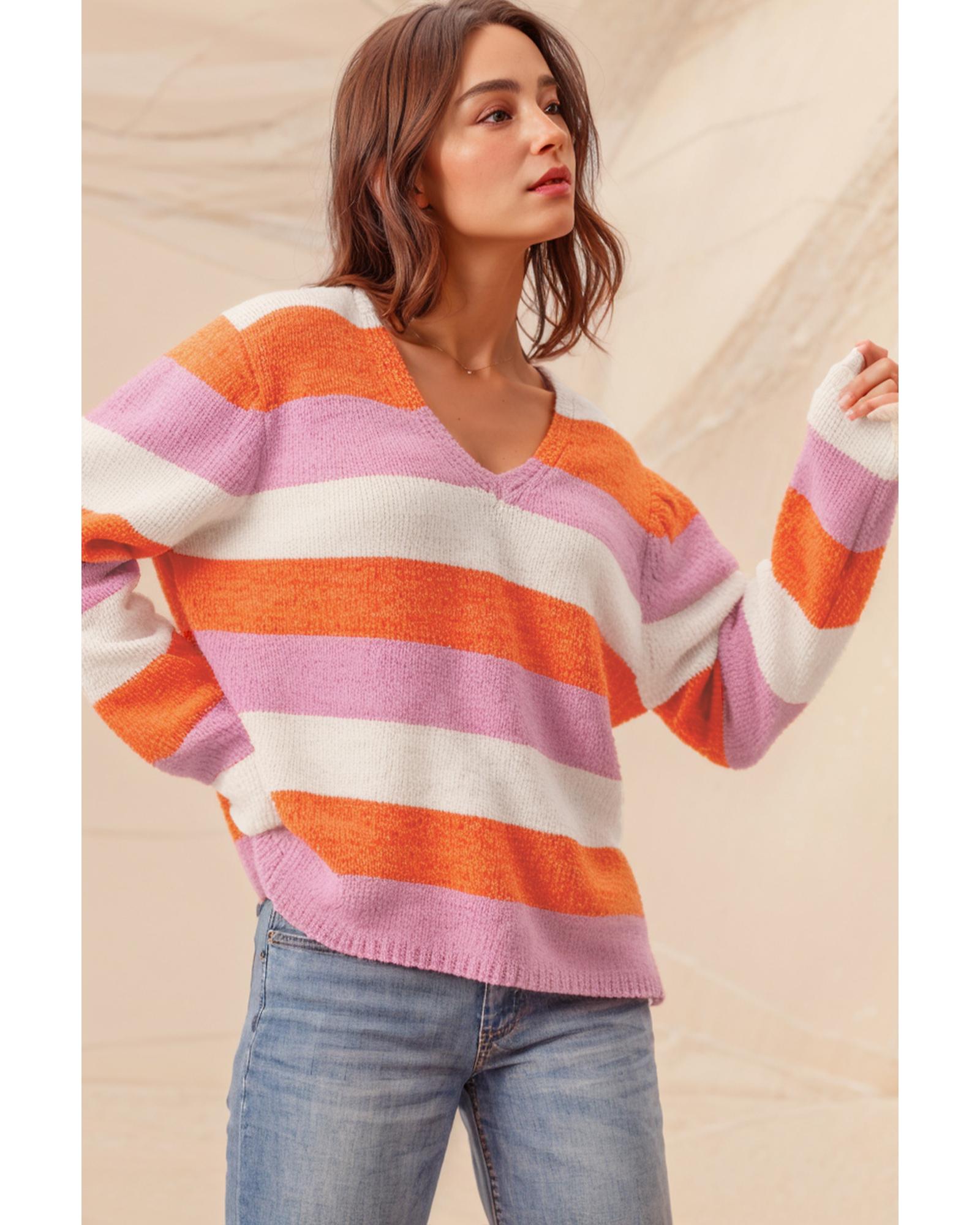 Orange Stripe Colorblock V Neck Casual Sweater - S