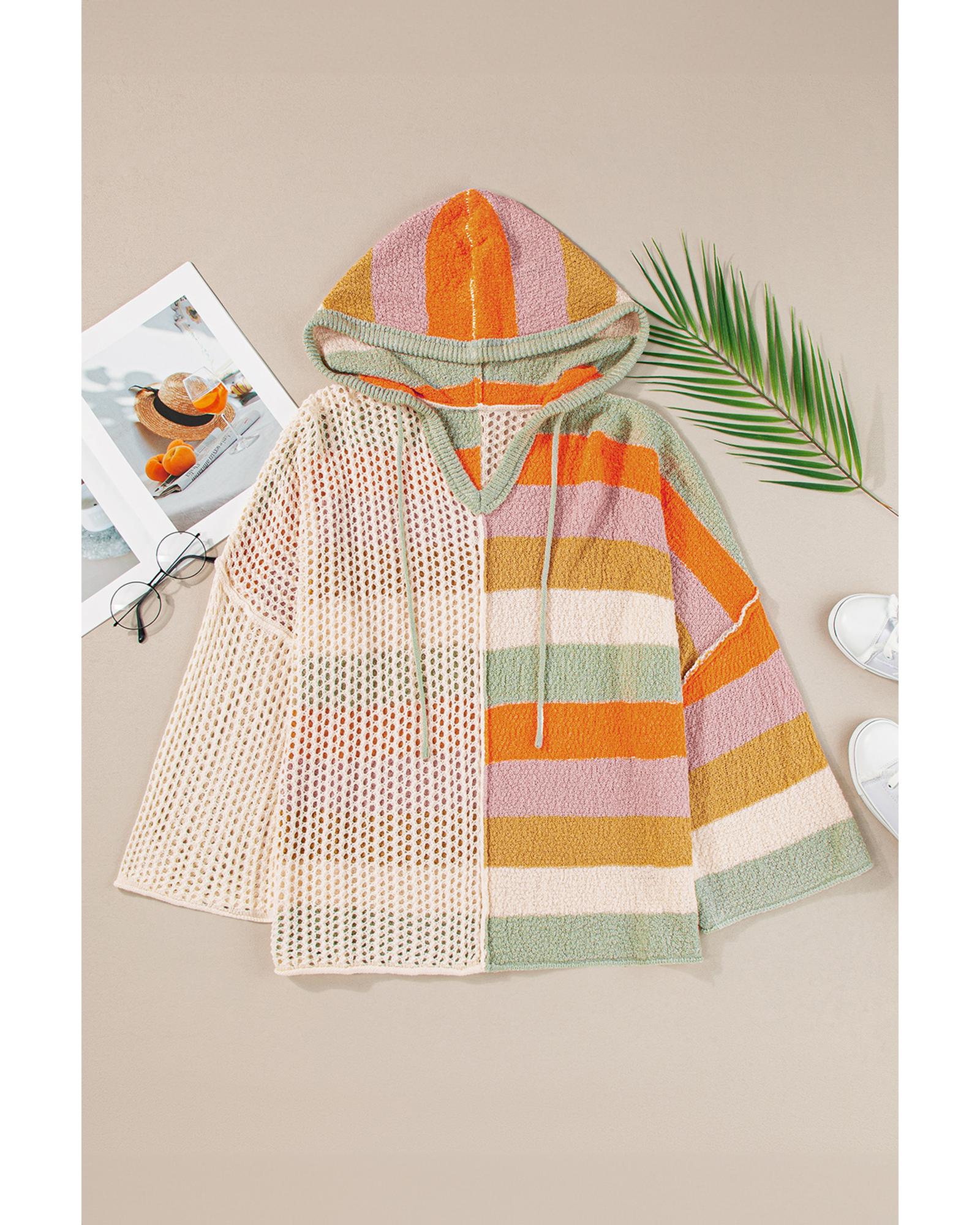 Beige Oversized Colorblock V Neck Hooded Sweater - L