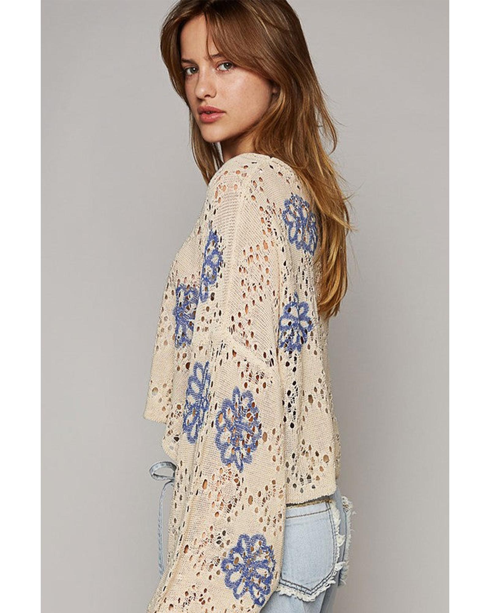 V539-AZEXDC2724901-P15-L-202508291540-00 Beige Contrast Flower Print Eyelet Drop Shoulder Sweater - L - Image 1
