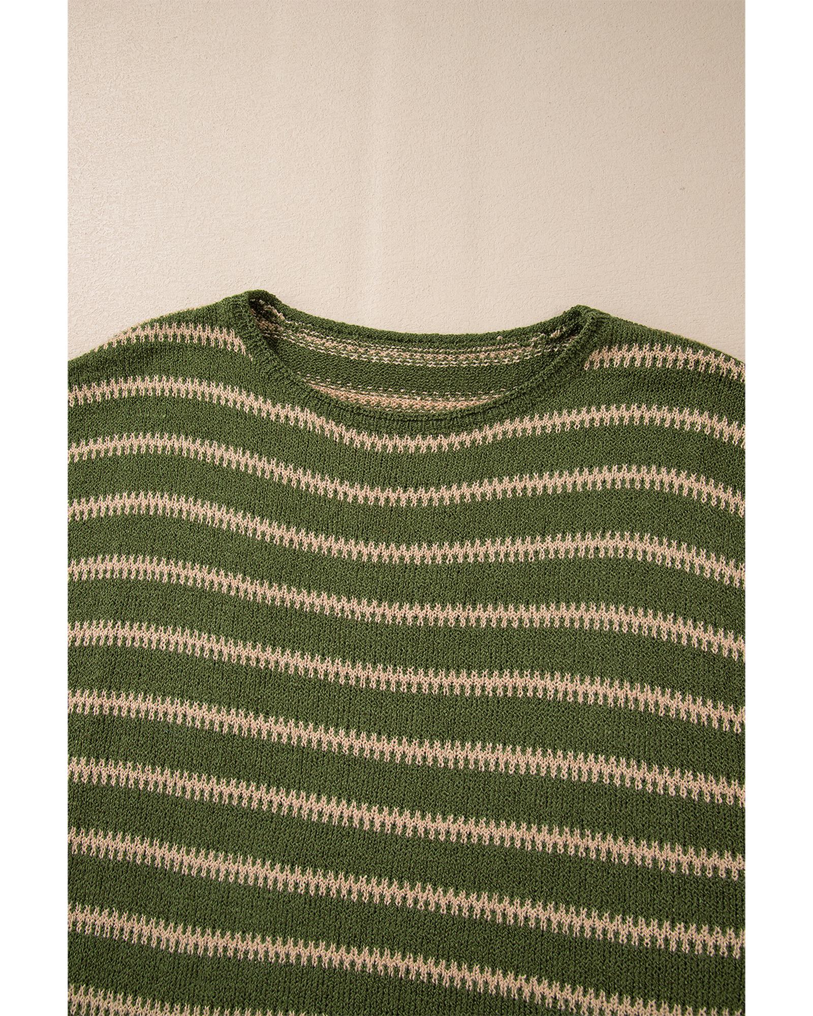 Green Stripe Drop Shoulder Casual Sweater - XL