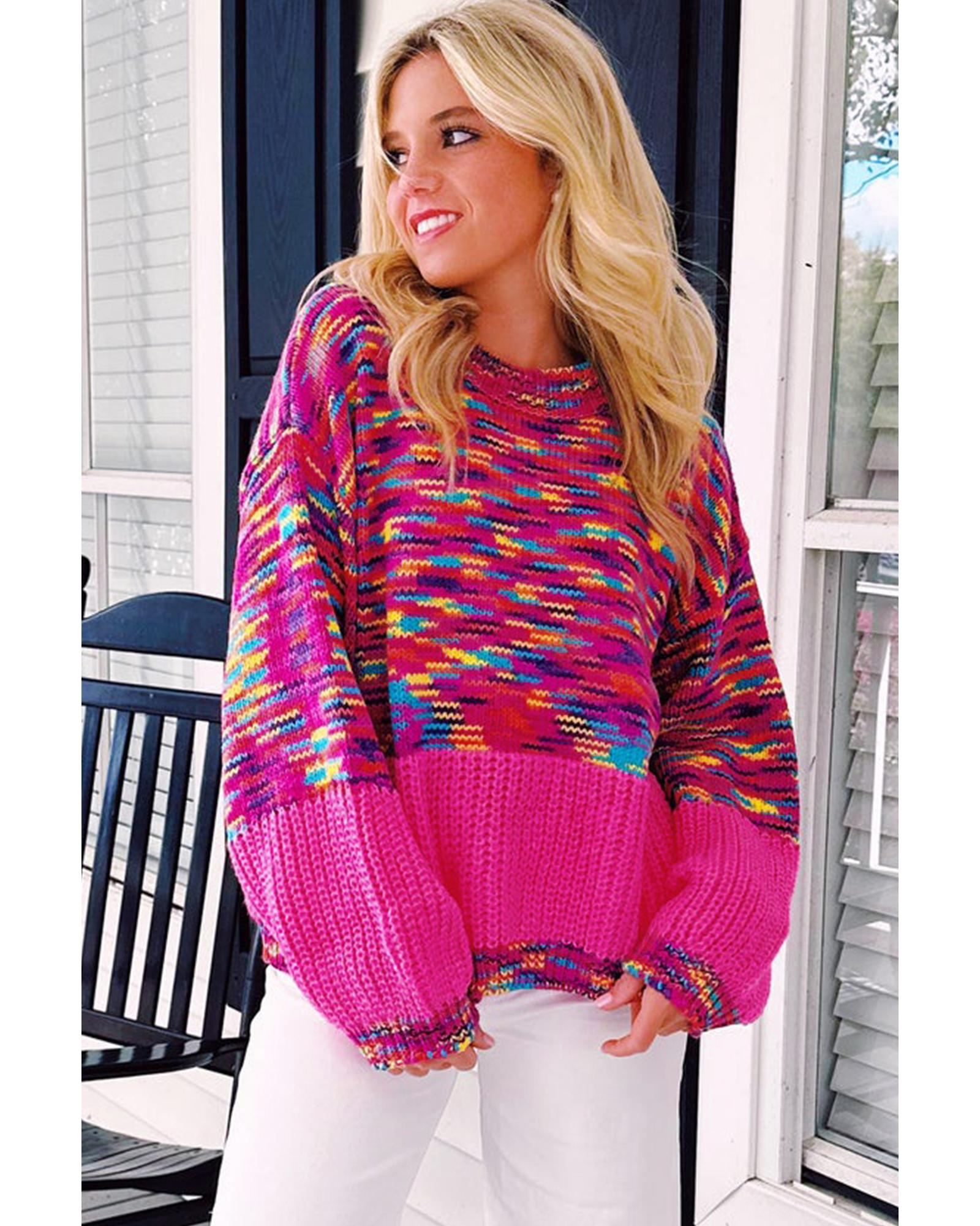Bright Pink Rainbow Confetti Drop Shoulder Sweater - S