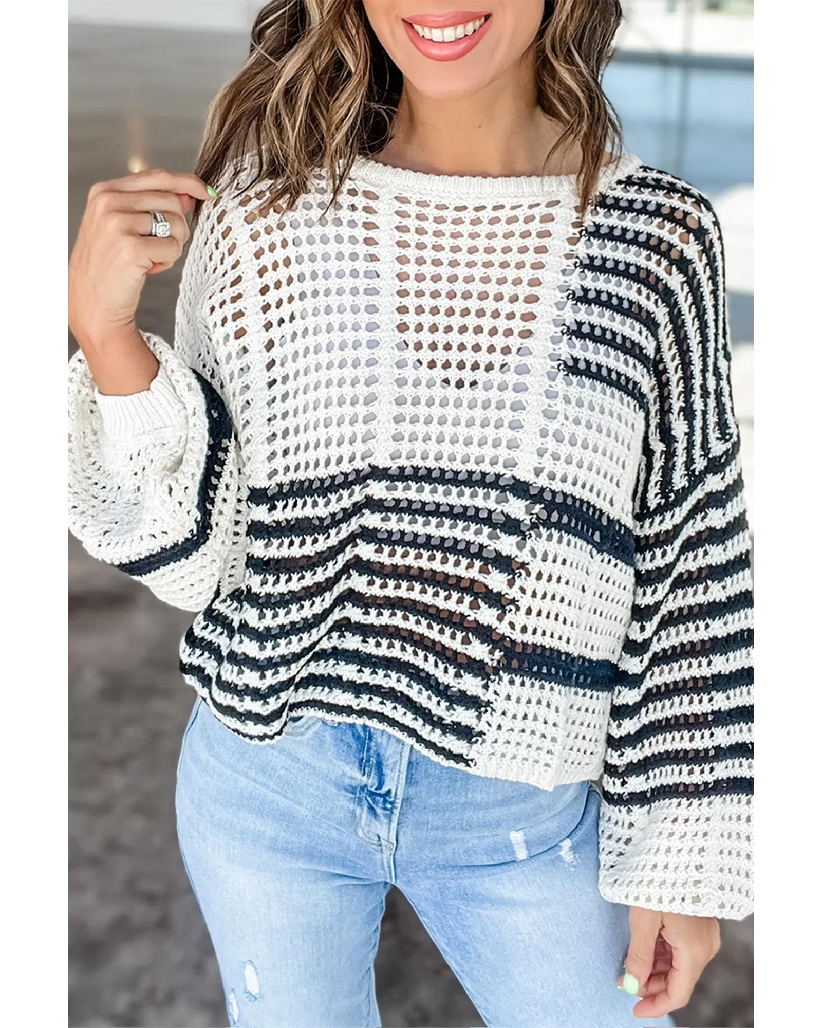 V539-AZEXDC2724996-P119-M-202506132345-00 White Stripe Contrast Striped Crochet Puff Sleeve Sweater - M - Image 1