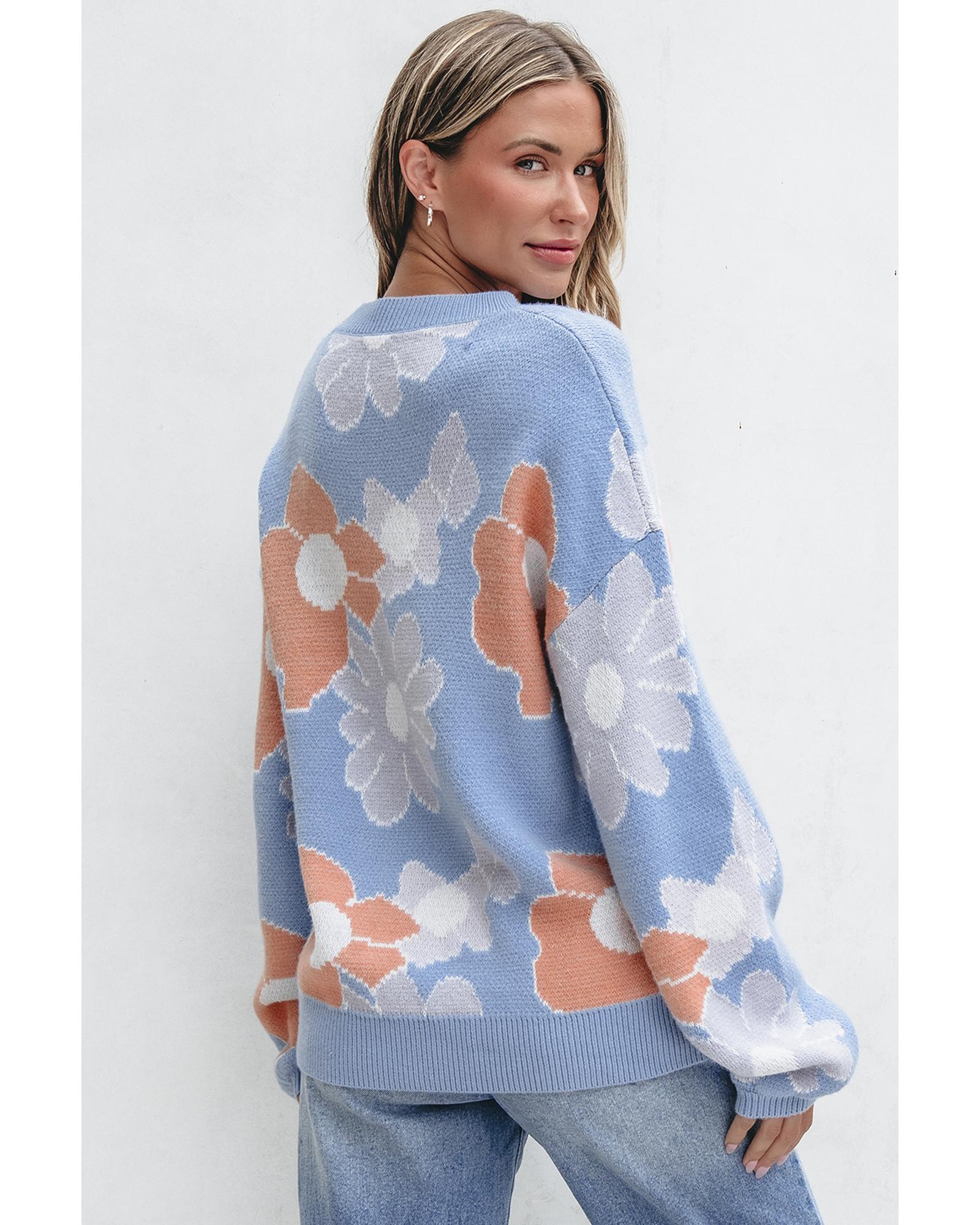 V539-AZEXDC2725031-P804-XL-202508291440-00 Beau Blue Floral O Neck Drop Shoulder Knitted Sweater - XL - Image 1