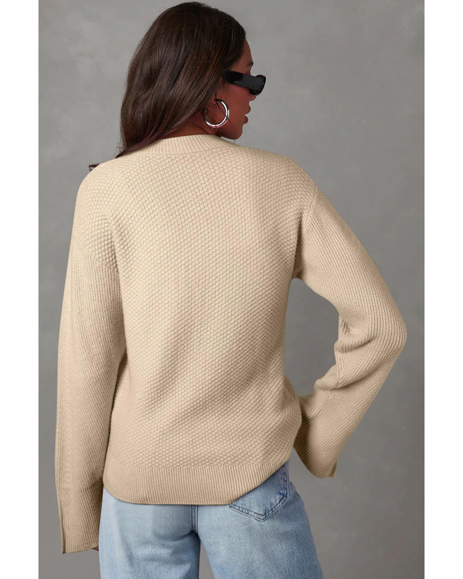 V539-AZEXDC2725075-P6016-2XL-202508281030-00 Parchment Solid Textured Knit Split Cuff Drop Shoulder Loose Sweater - 2XL - Image 1