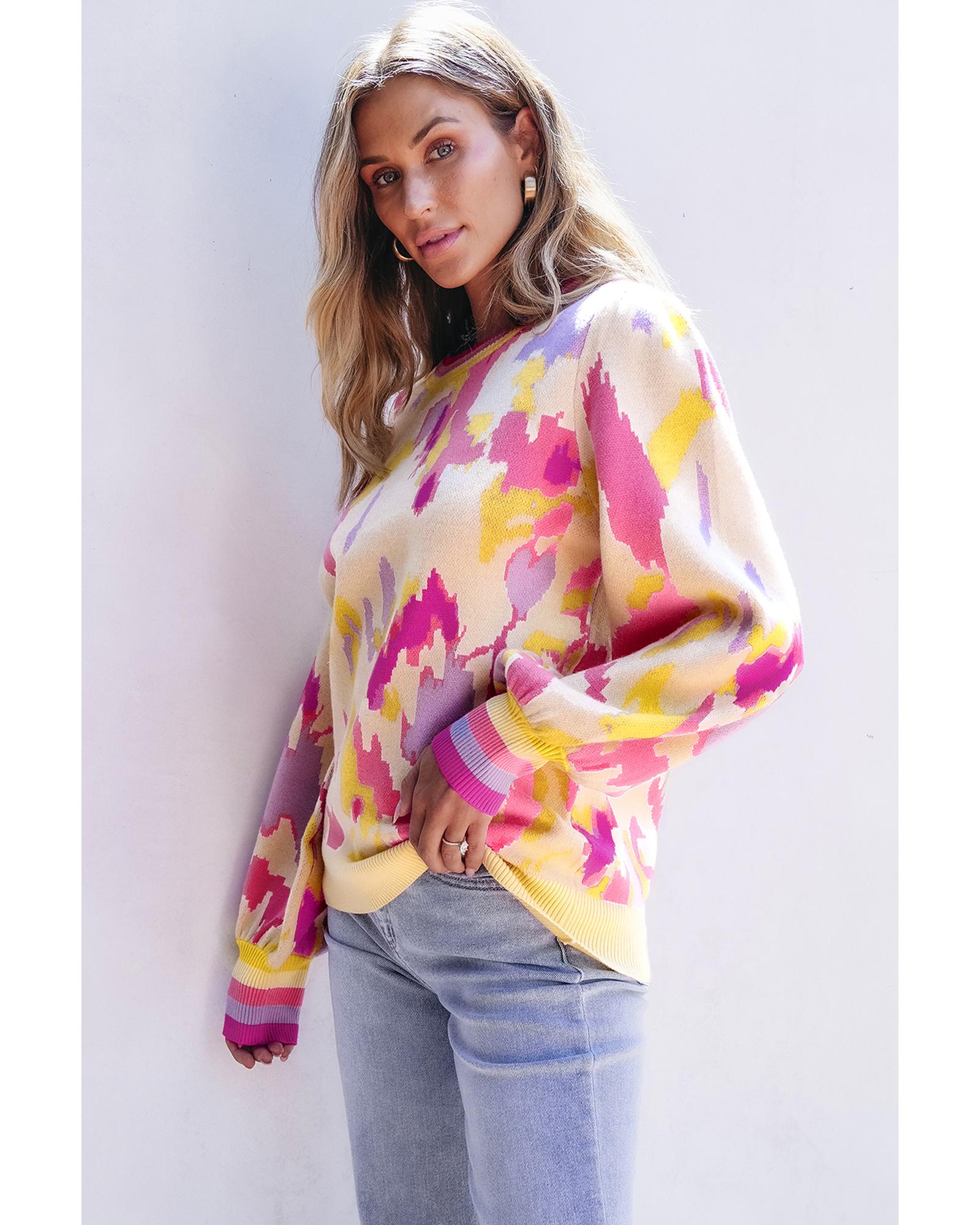 V539-AZEXDC2725085-P1622-M-202508282140-00 Khaki Abstract Print Colorblock Balloon Sleeve Sweater - M - Image 1
