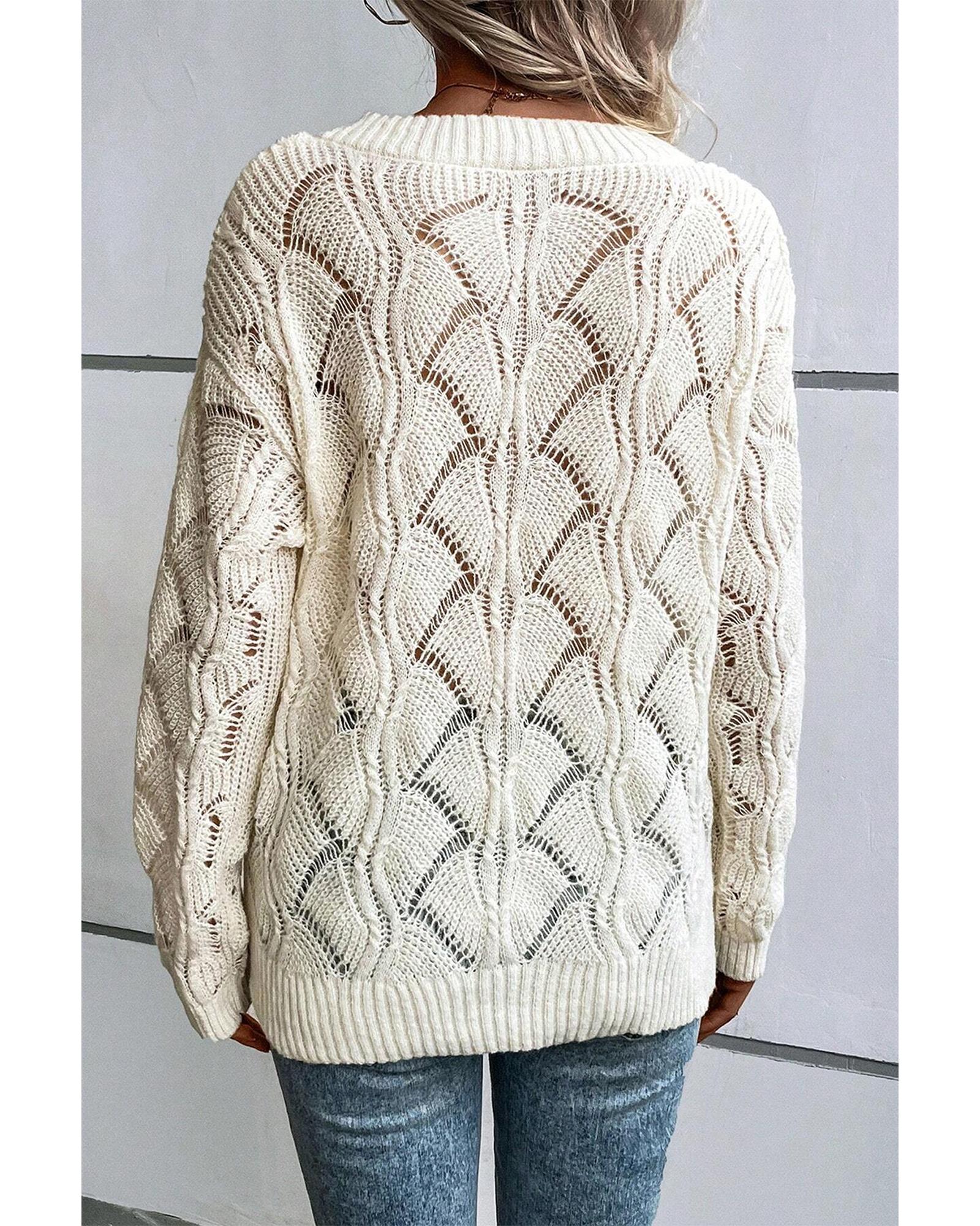 V539-AZEXDC2725100-P15-S-202506140036-00 Beige Hollow Out Knit V Neck Drop Shoulder Sweater - S - Image 1