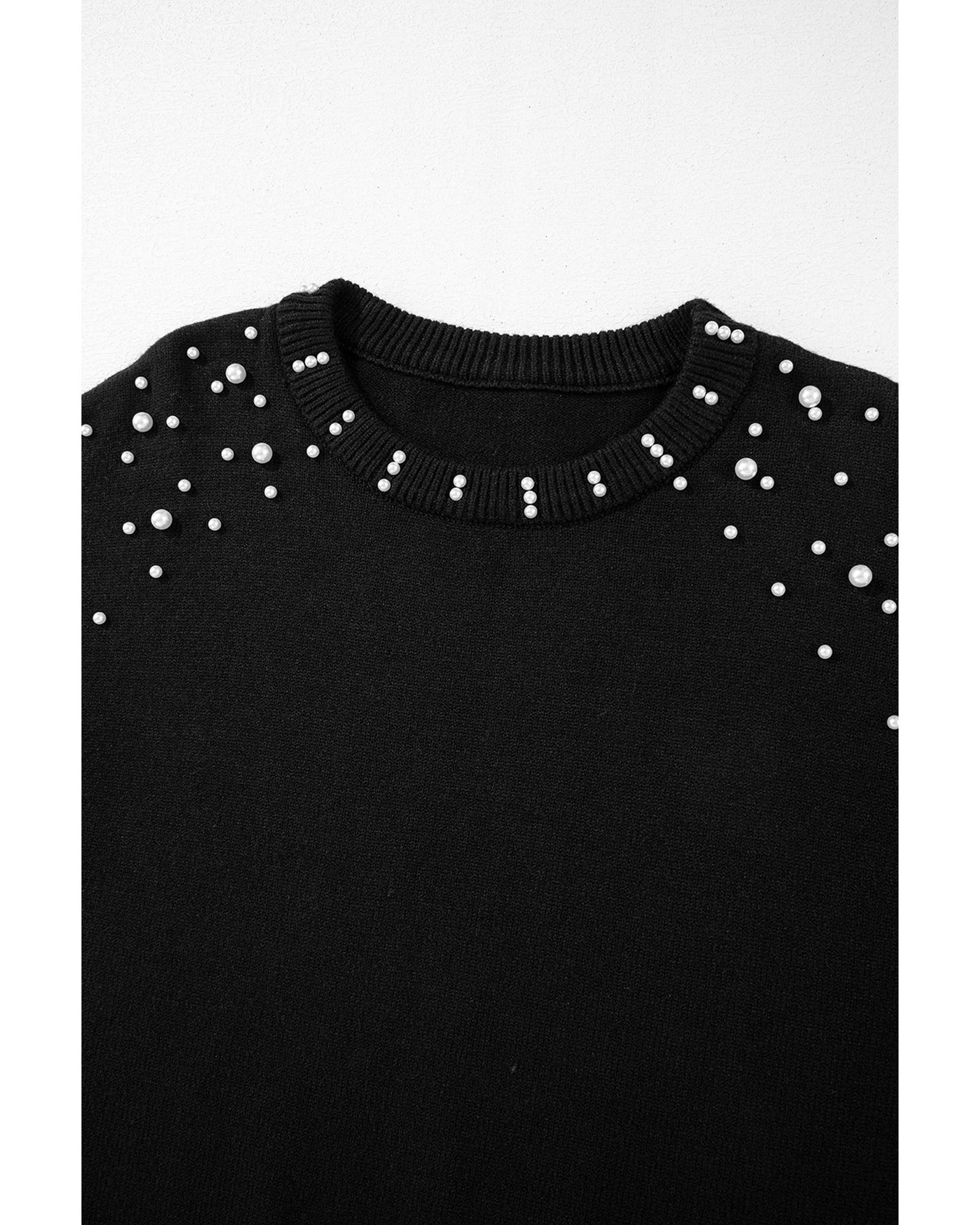 V539-AZEXDC2725140-P2-XL-202508281510-00 Black Pearled Drop Shoulder Round Neck Sweater - XL - Image 1