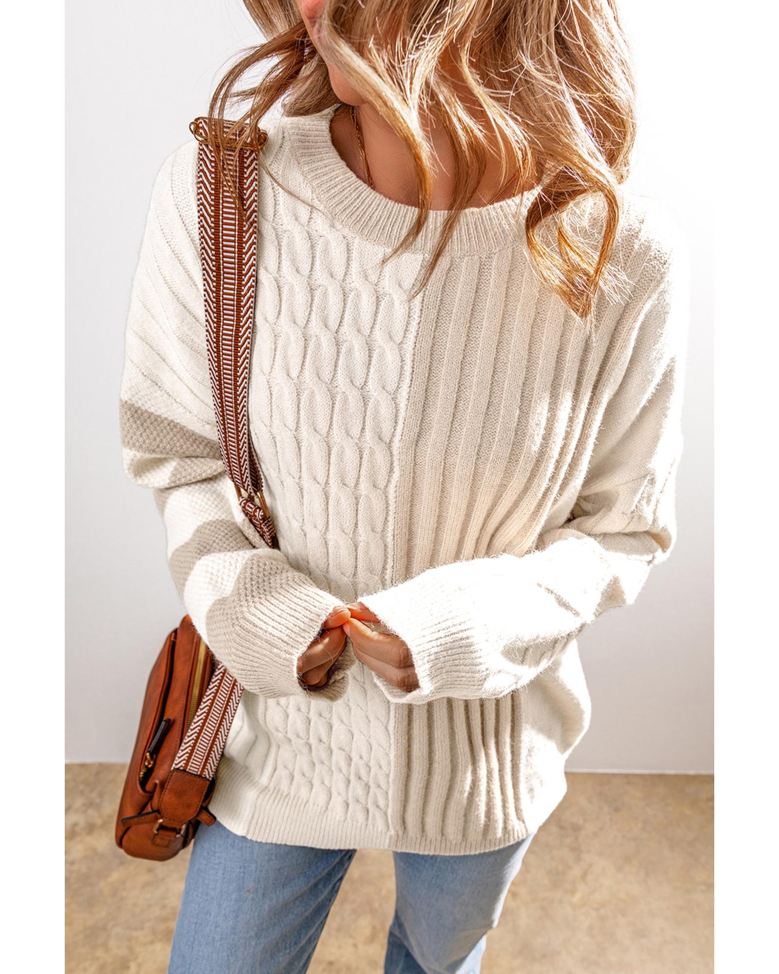 V539-AZEXDC2725142-P1622-S-202508282015-00 Khaki Cable Knit Colorblock Crew Neck Drop Shoulder Sweater - S - Image 1