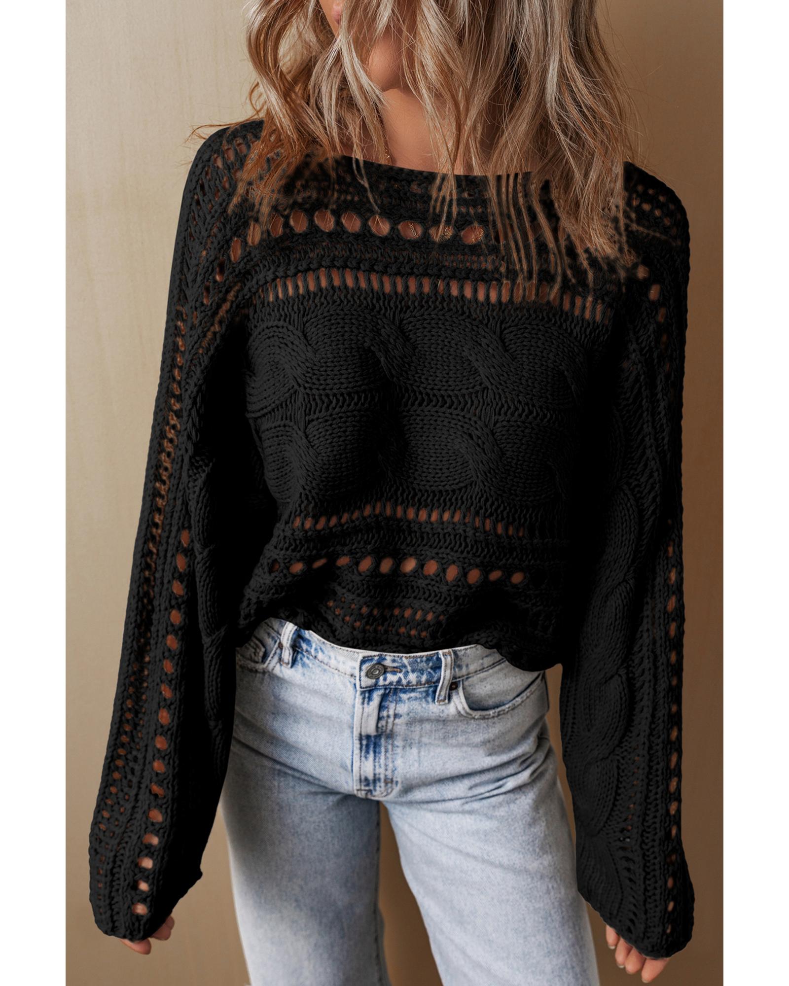 V539-AZEXDC2725151-P2-XL-202508282245-00 Black Hollow-out Cable Knit Cropped Sweater - XL - Image 1