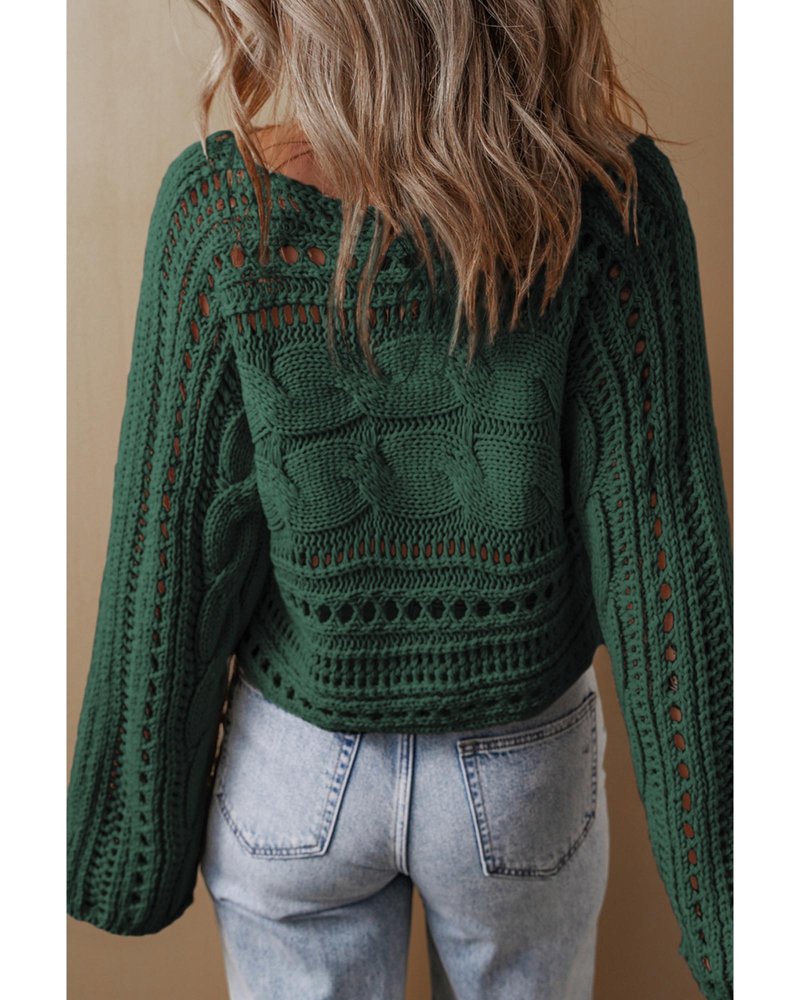 V539-AZEXDC2725151-P309-L-202506140106-00 Blackish Green Hollow-out Cable Knit Cropped Sweater - L - Image 1