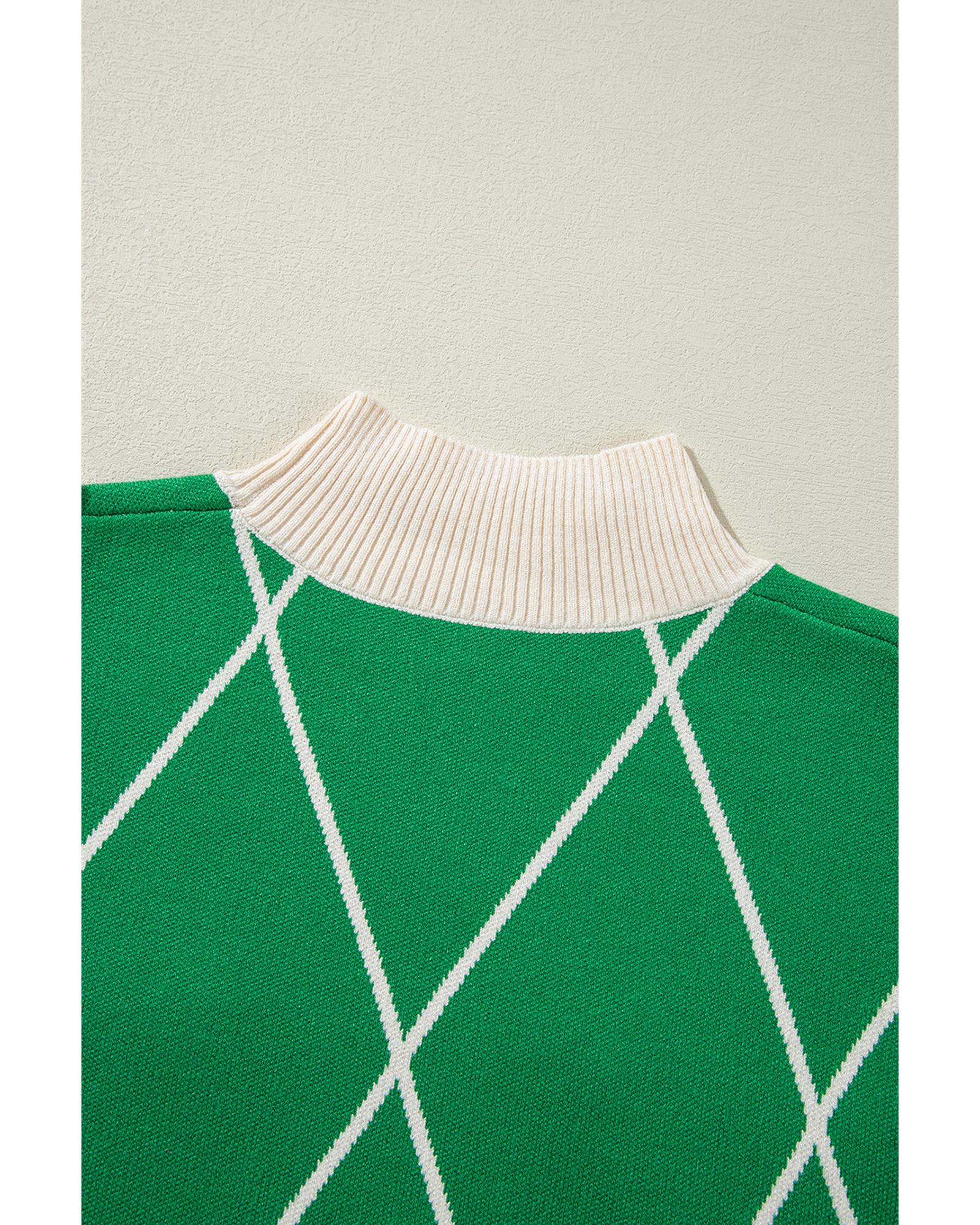 V539-AZEXDC2725239-P209-M-202508280125-00 Dark Green Diamond Pattern Pom Accents Contrast Trim High Neck Sweater - M - Image 1