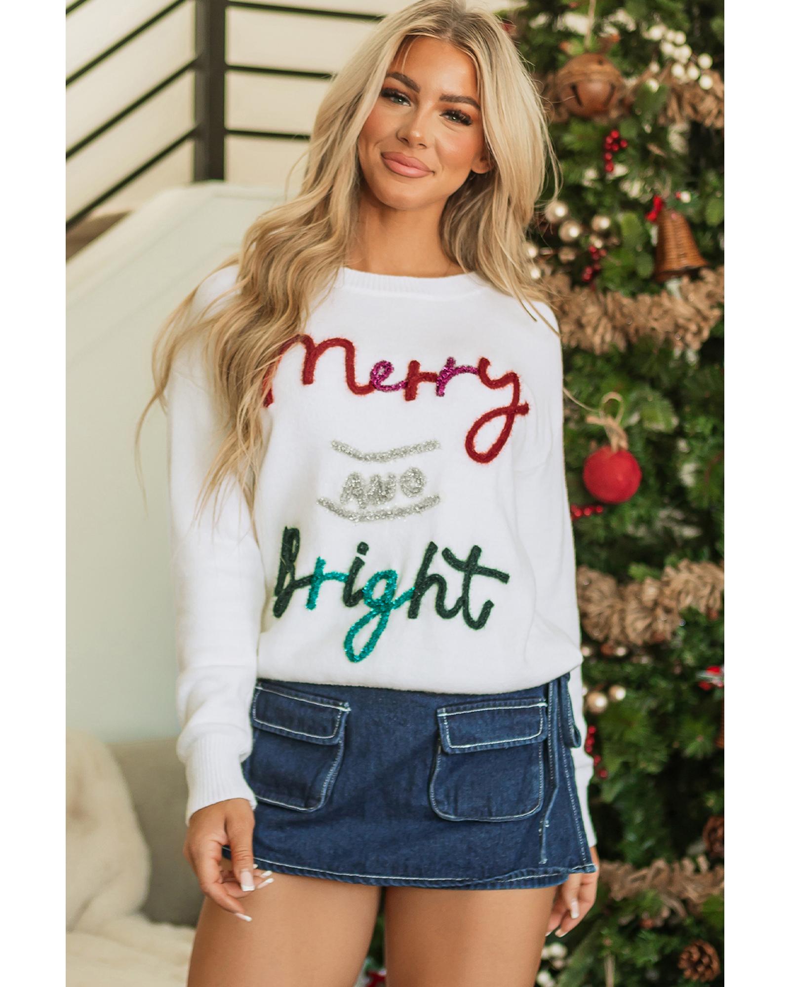 V539-AZEXDC2725249-P1-XL-202508290230-00 White Tinsel Merry and Bright Graphic Christmas Sweater - XL - Image 1